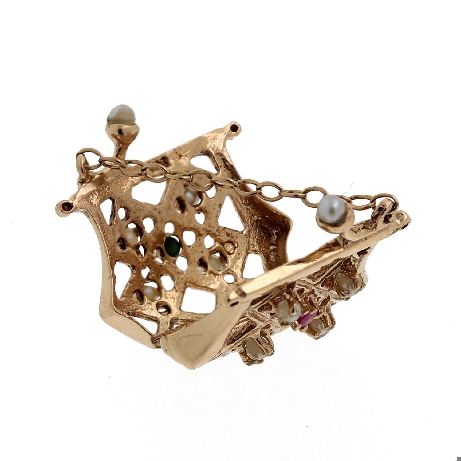 Filigree Purse Bag Charm Pendant Yellow Gold Pearl Sapphire Turquoise Accents 1"