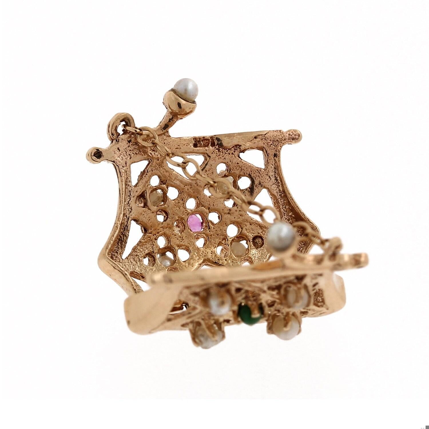 Filigree Purse Bag Charm Pendant Yellow Gold Pearl Sapphire Turquoise Accents 1"