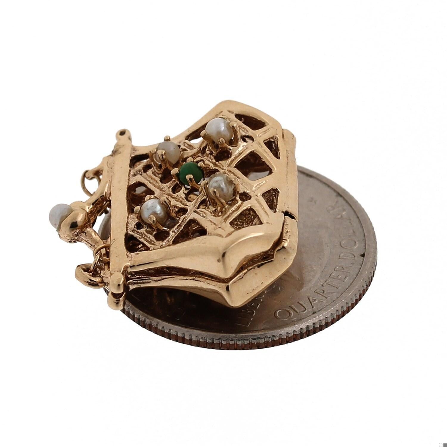 Filigree Purse Bag Charm Pendant Yellow Gold Pearl Sapphire Turquoise Accents 1"