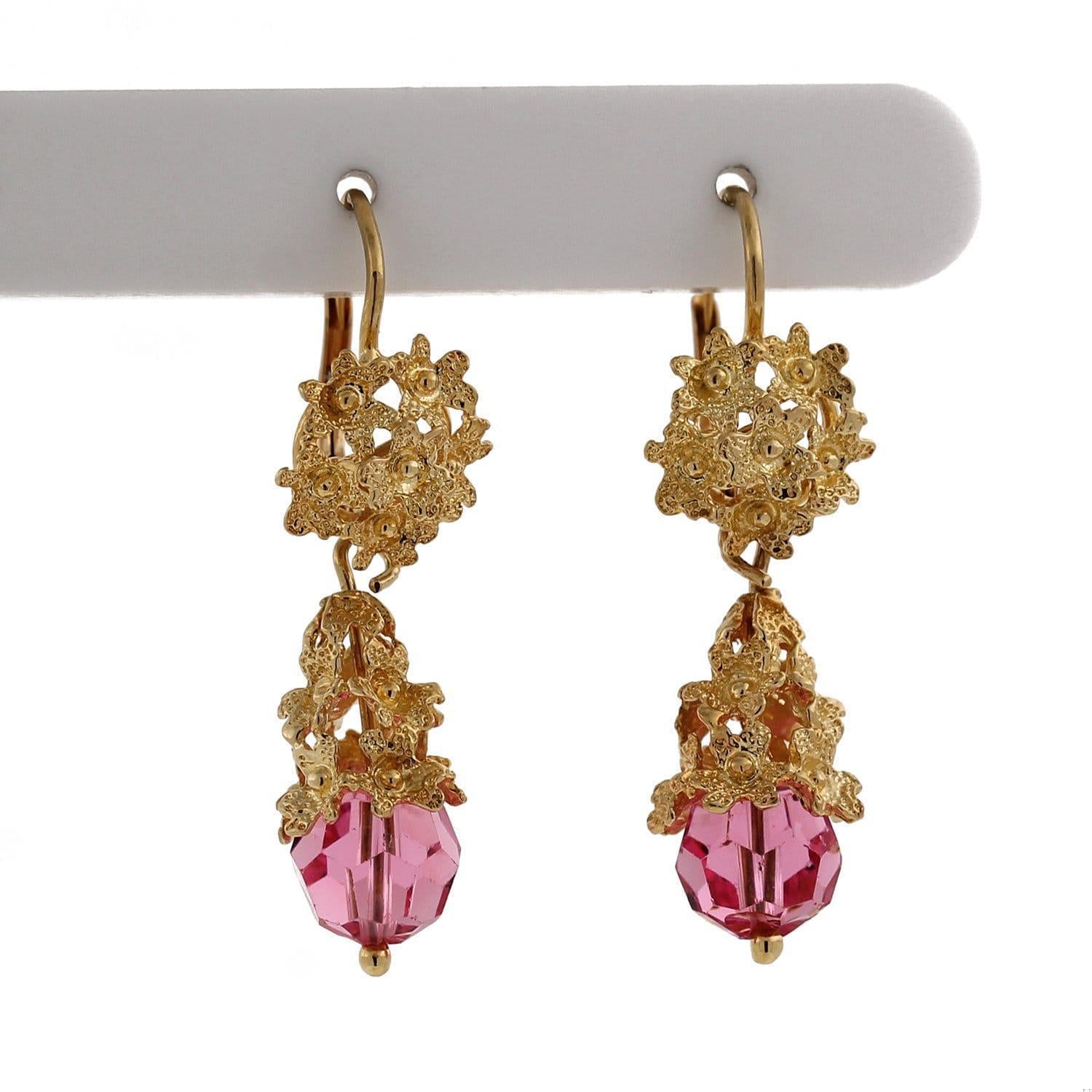 Vintage Floral Drop Dangle Earrings 18K Yellow Gold Pink Glass Lever Backs 1.5"