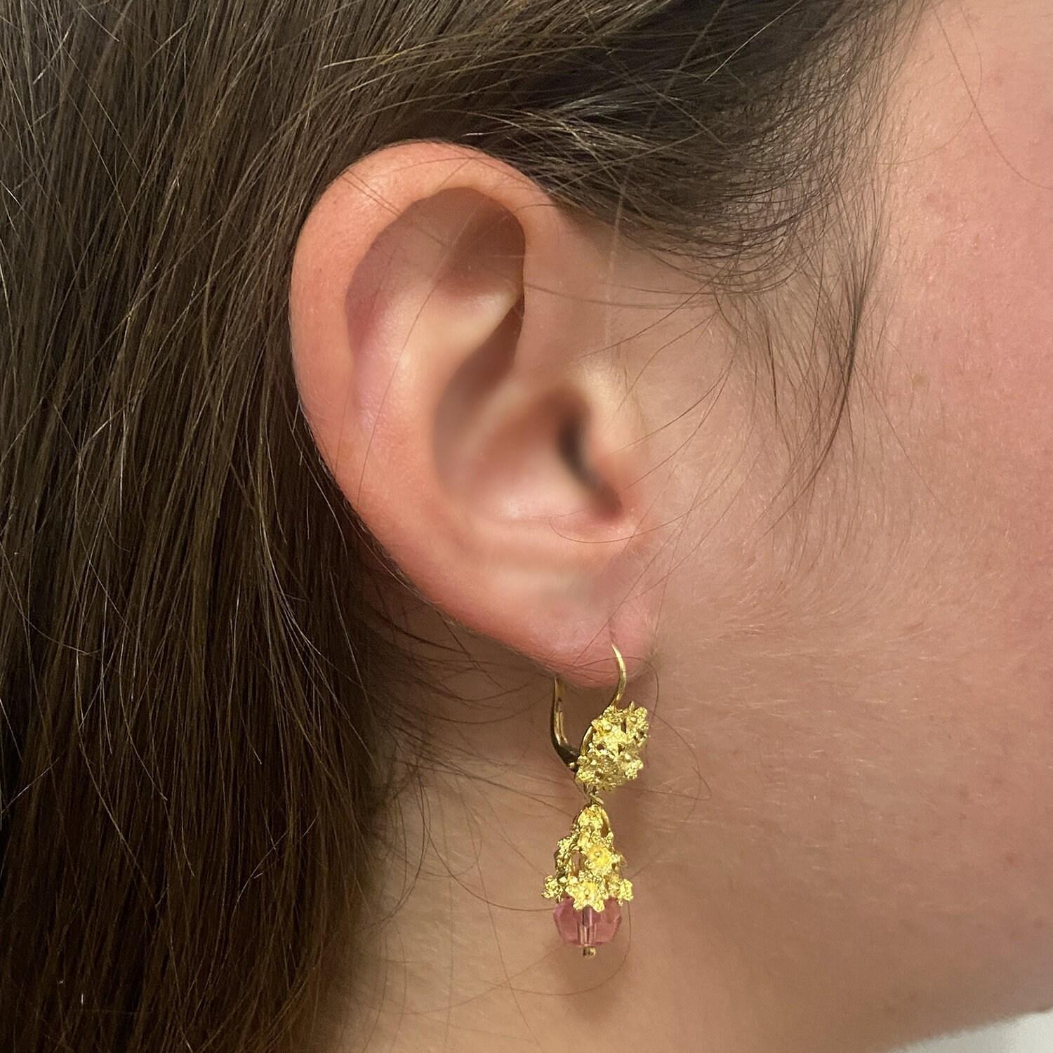 Vintage Floral Drop Dangle Earrings 18K Yellow Gold Pink Glass Lever Backs 1.5"