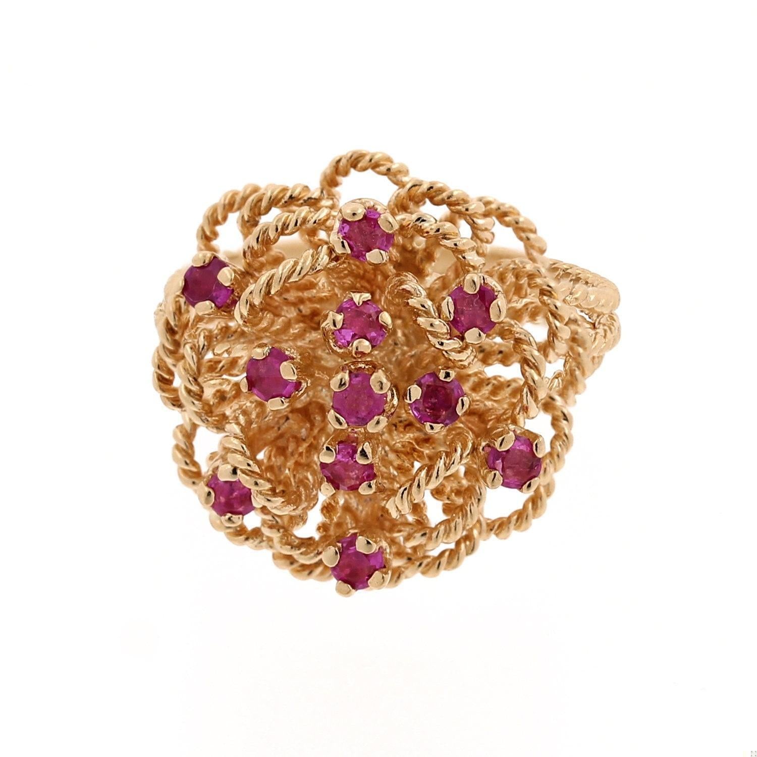 Pink Sapphire Floral Cocktail Ring Twisted Cable Yellow Gold Size 7.75 Vintage