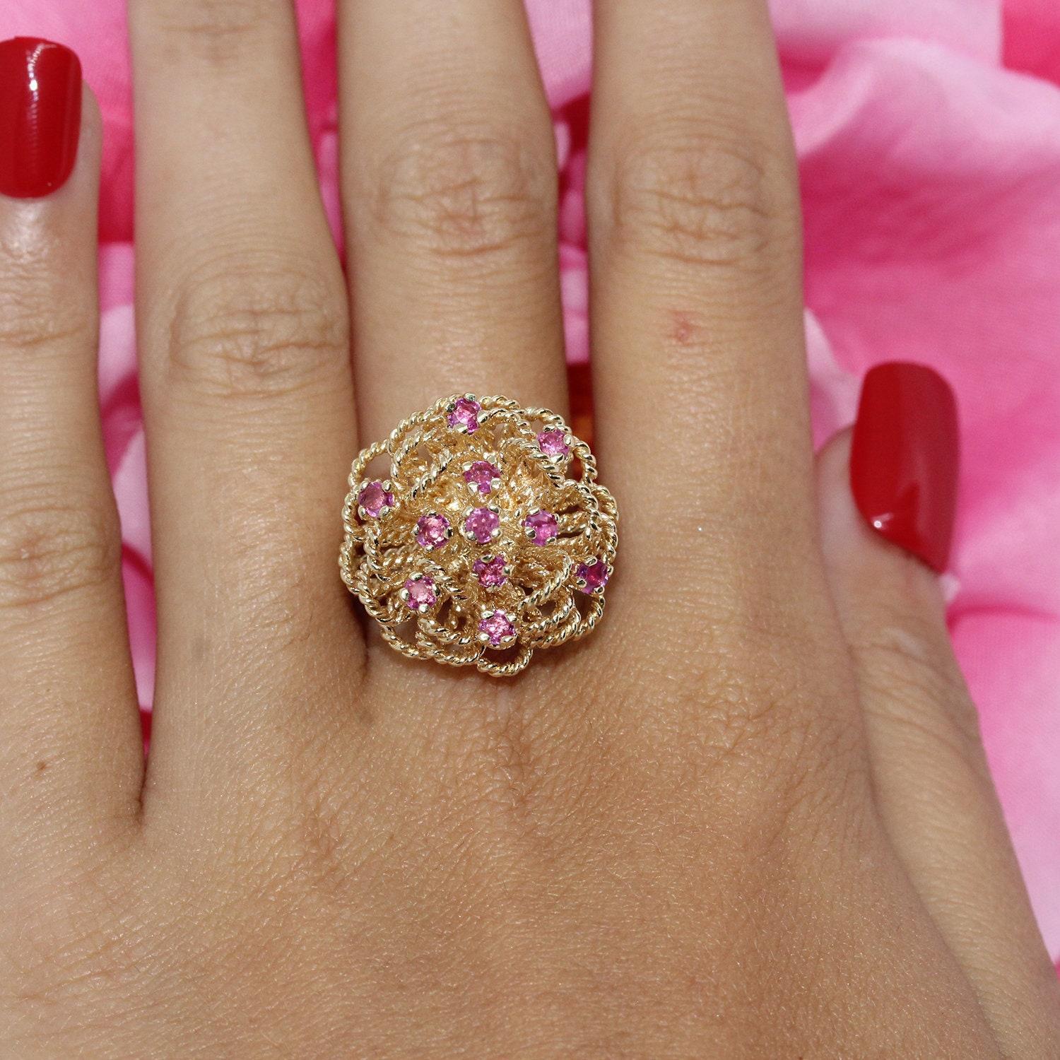 Pink Sapphire Floral Cocktail Ring Twisted Cable Yellow Gold Size 7.75 Vintage