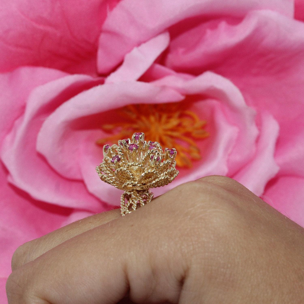 Pink Sapphire Floral Cocktail Ring Twisted Cable Yellow Gold Size 7.75 ...