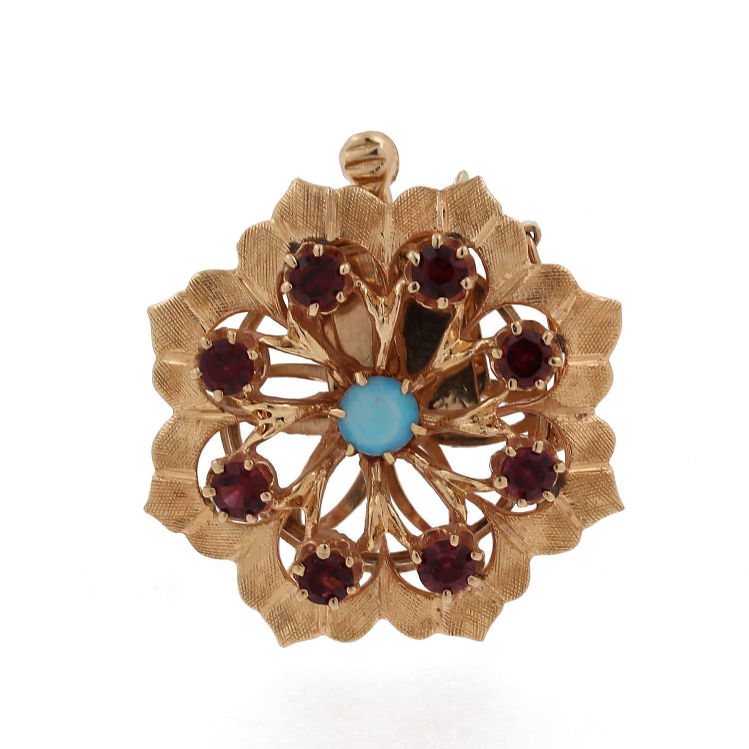 White Opal Garnet Flower Necklace Box Clasp Yellow Gold 1.15” Vintage Estate