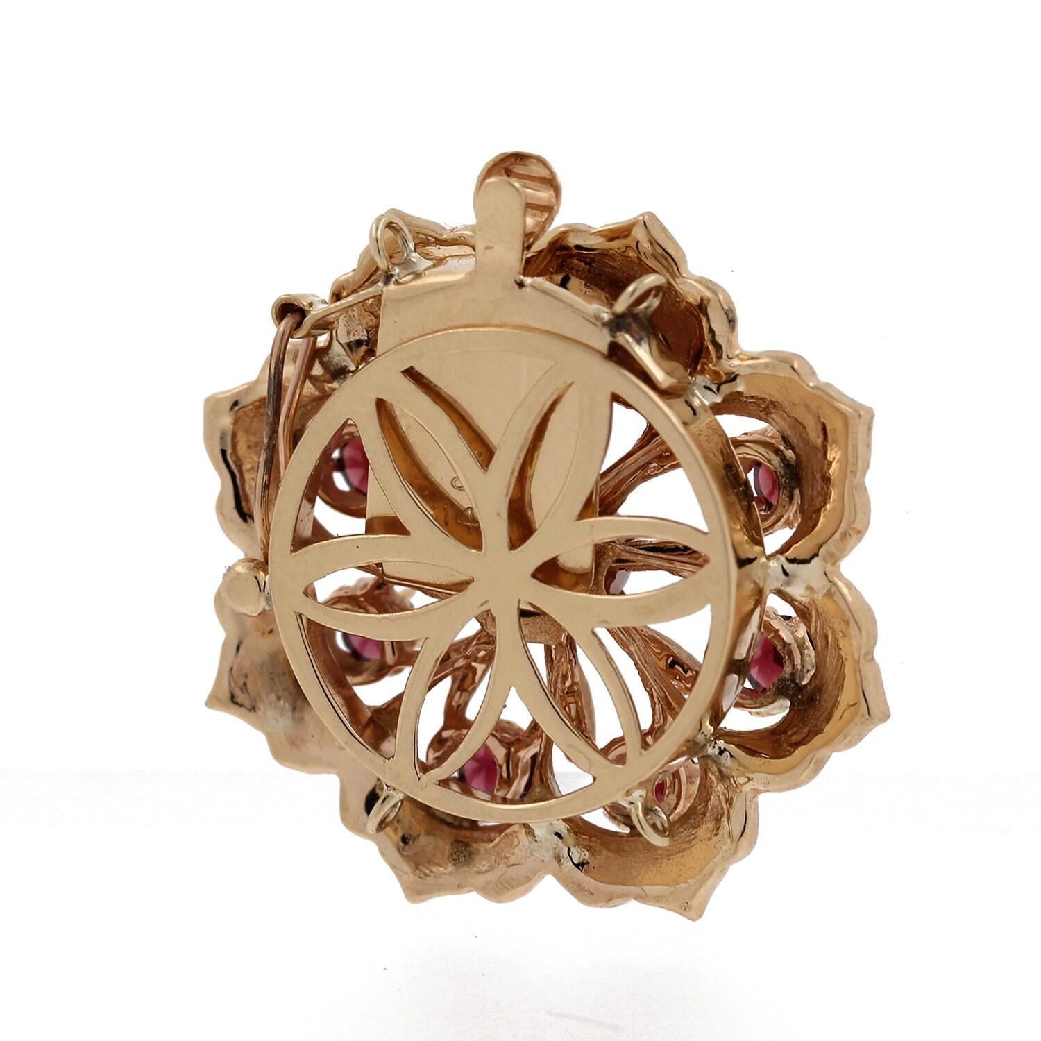 White Opal Garnet Flower Necklace Box Clasp Yellow Gold 1.15” Vintage Estate