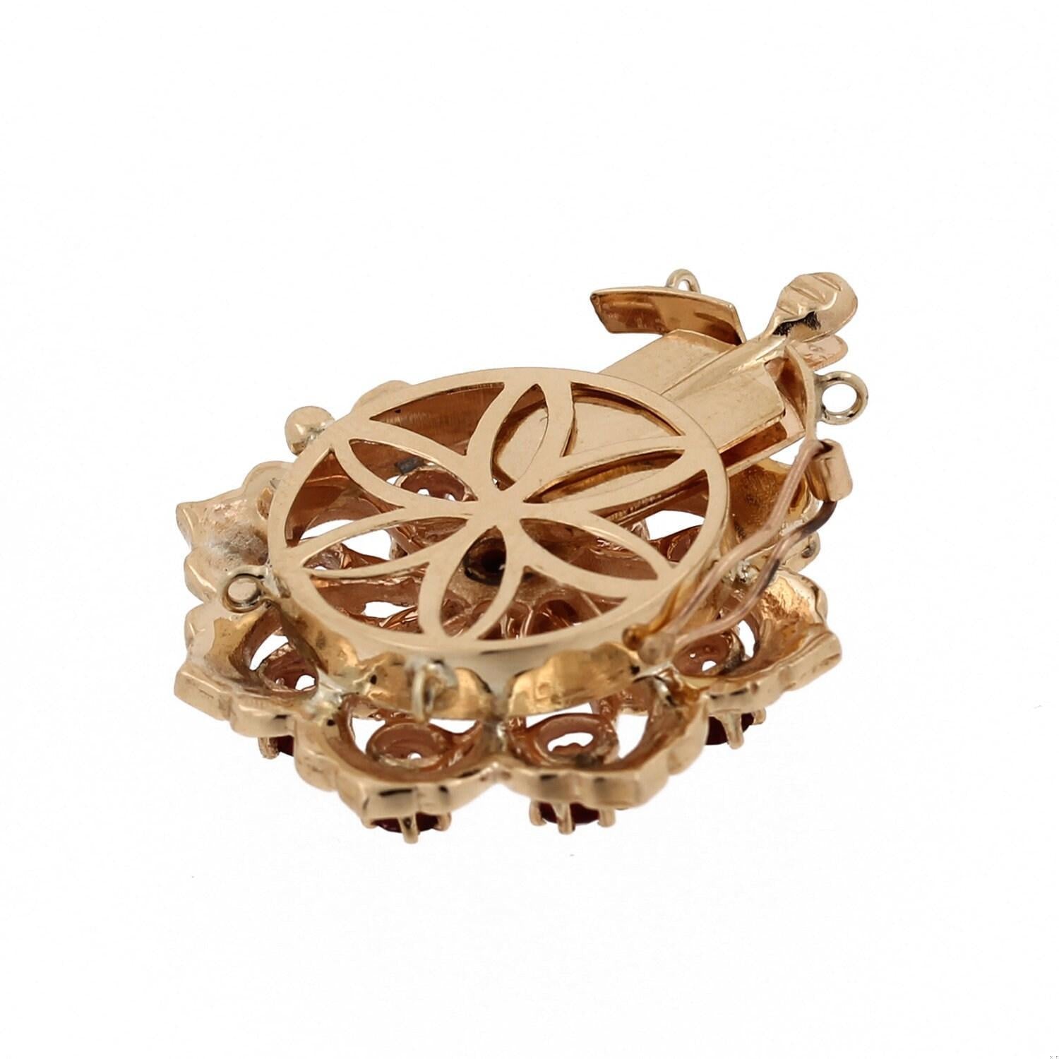 White Opal Garnet Flower Necklace Box Clasp Yellow Gold 1.15” Vintage Estate