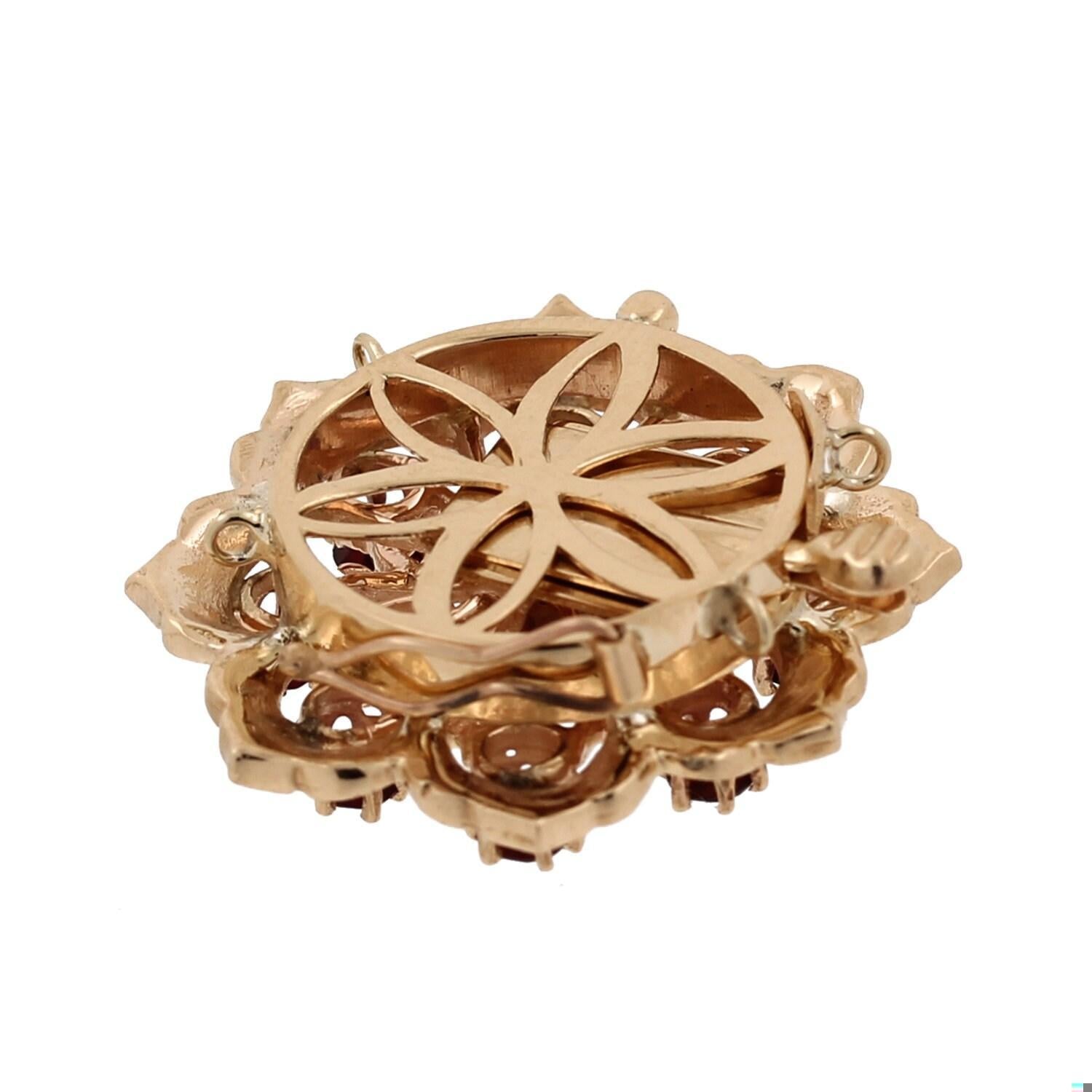 White Opal Garnet Flower Necklace Box Clasp Yellow Gold 1.15” Vintage Estate