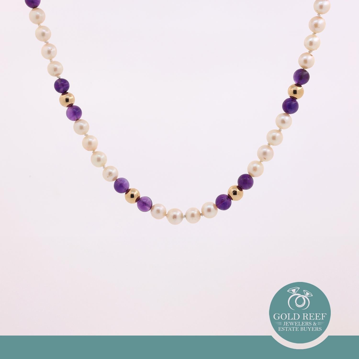 Vintage Freshwater Pearl Amethyst Bead Necklace 14K Yellow Gold 20" Ladies
