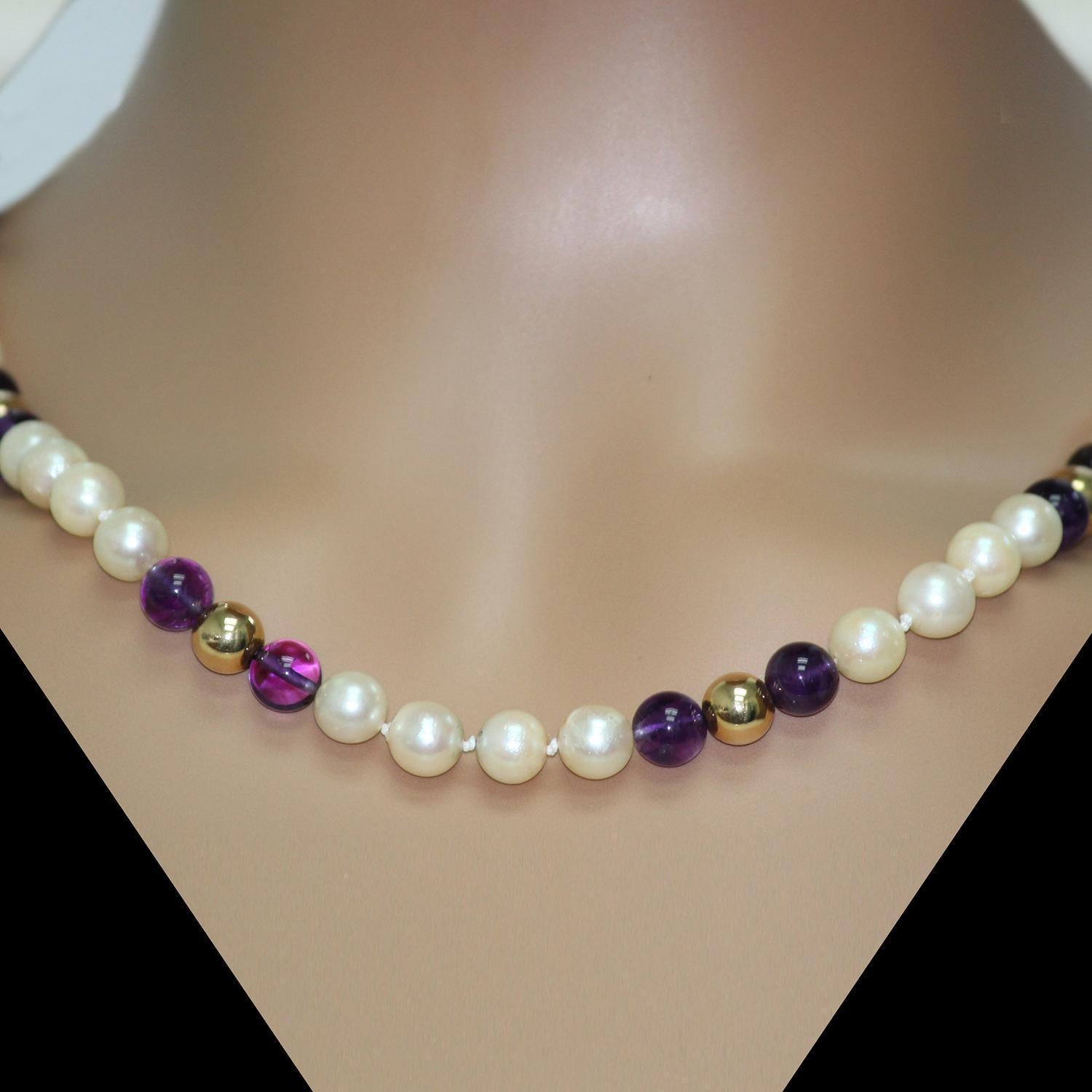 Vintage Freshwater Pearl Amethyst Bead Necklace 14K Yellow Gold 20" Ladies