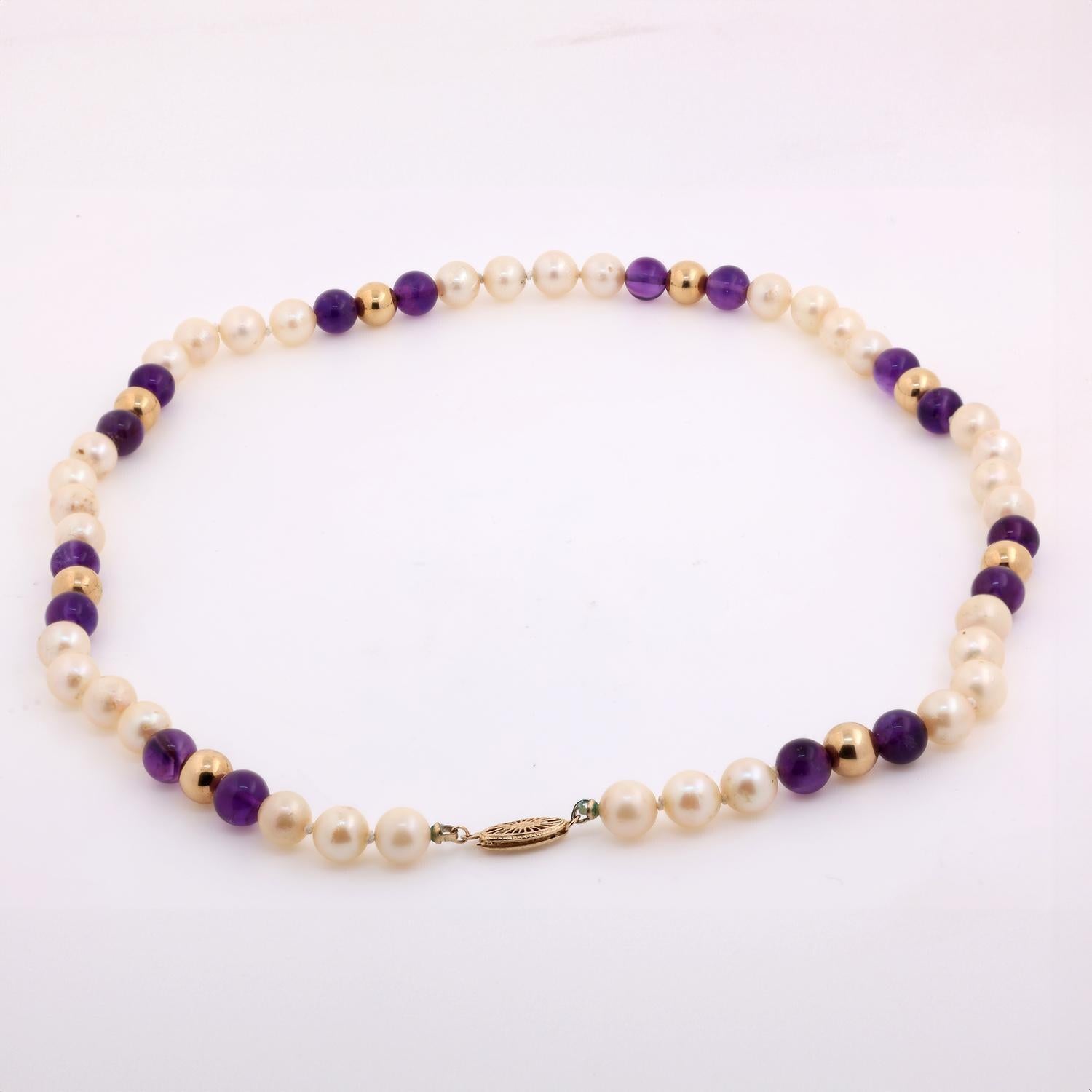 Vintage Freshwater Pearl Amethyst Bead Necklace 14K Yellow Gold 20" Ladies
