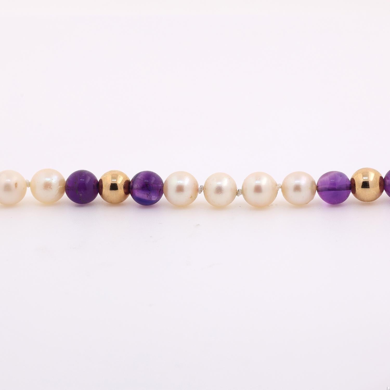Vintage Freshwater Pearl Amethyst Bead Necklace 14K Yellow Gold 20" Ladies