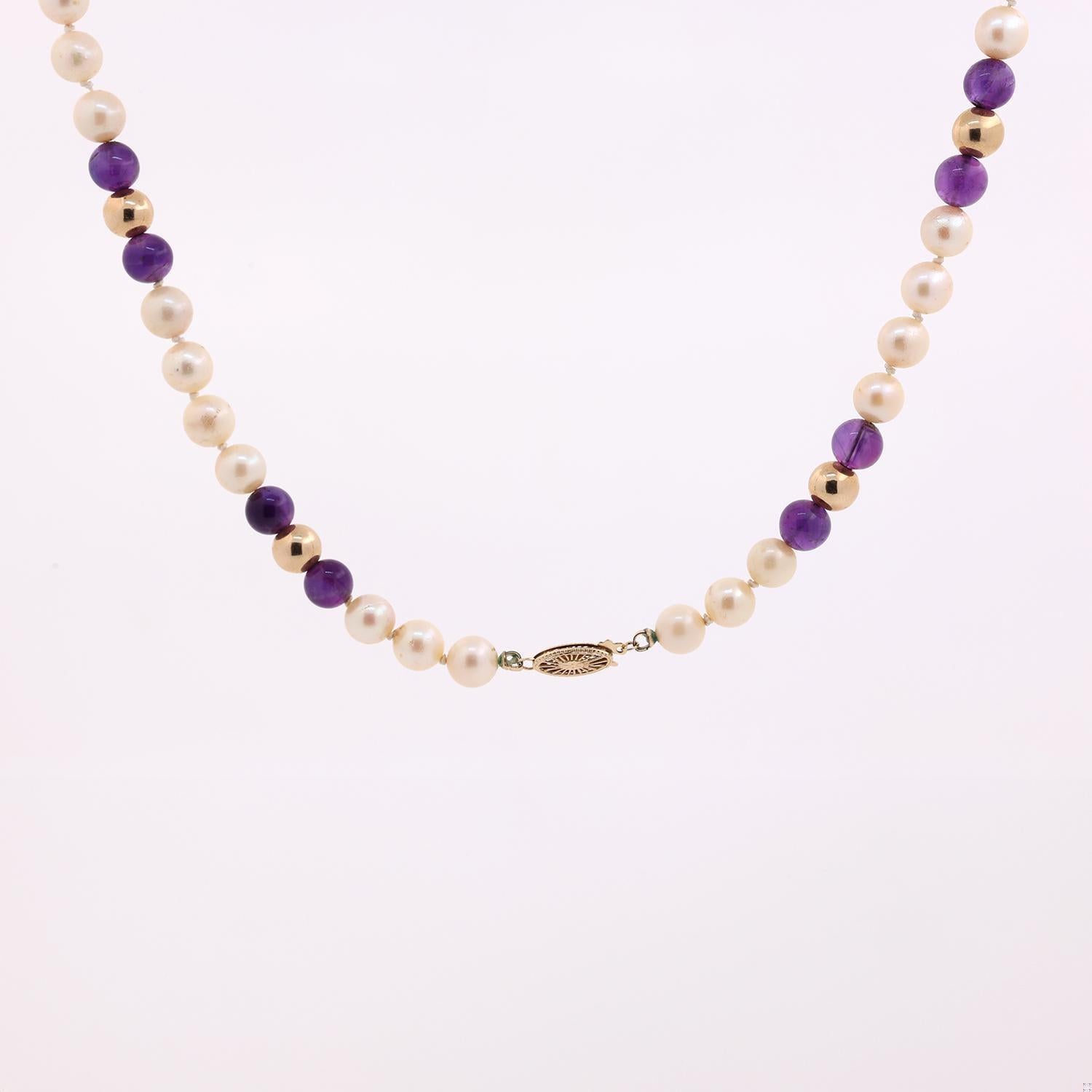 Vintage Freshwater Pearl Amethyst Bead Necklace 14K Yellow Gold 20" Ladies