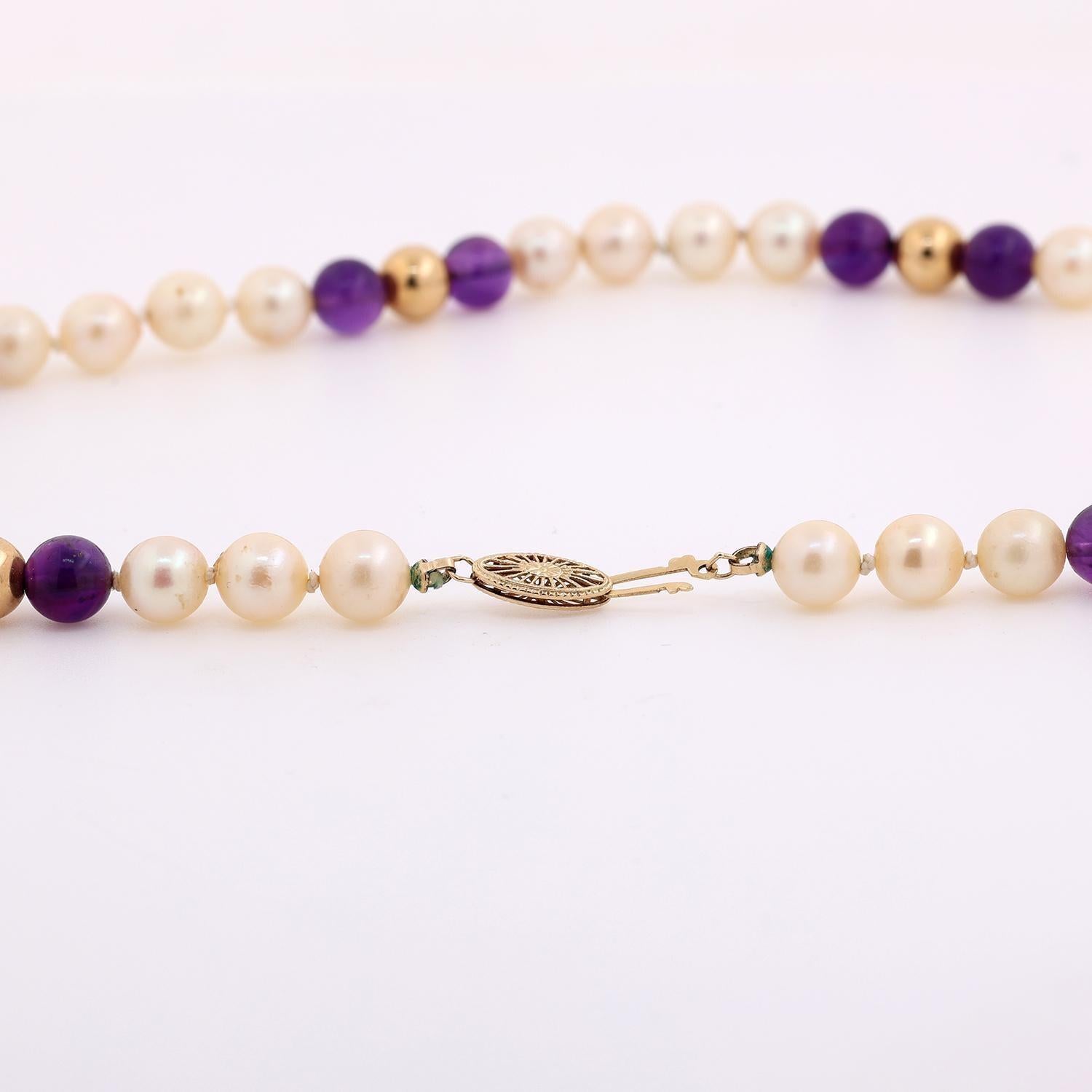 Vintage Freshwater Pearl Amethyst Bead Necklace 14K Yellow Gold 20" Ladies