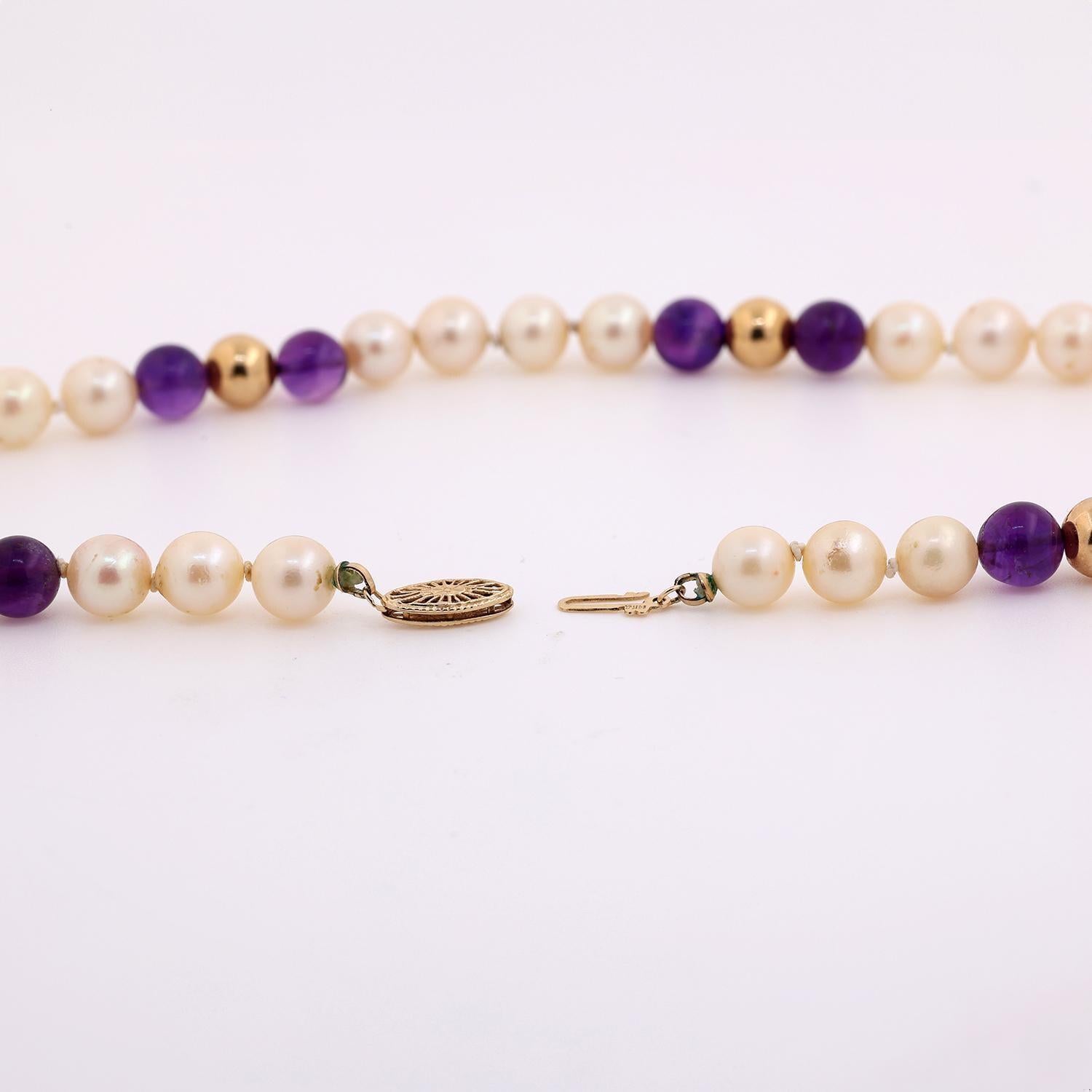 Vintage Freshwater Pearl Amethyst Bead Necklace 14K Yellow Gold 20" Ladies