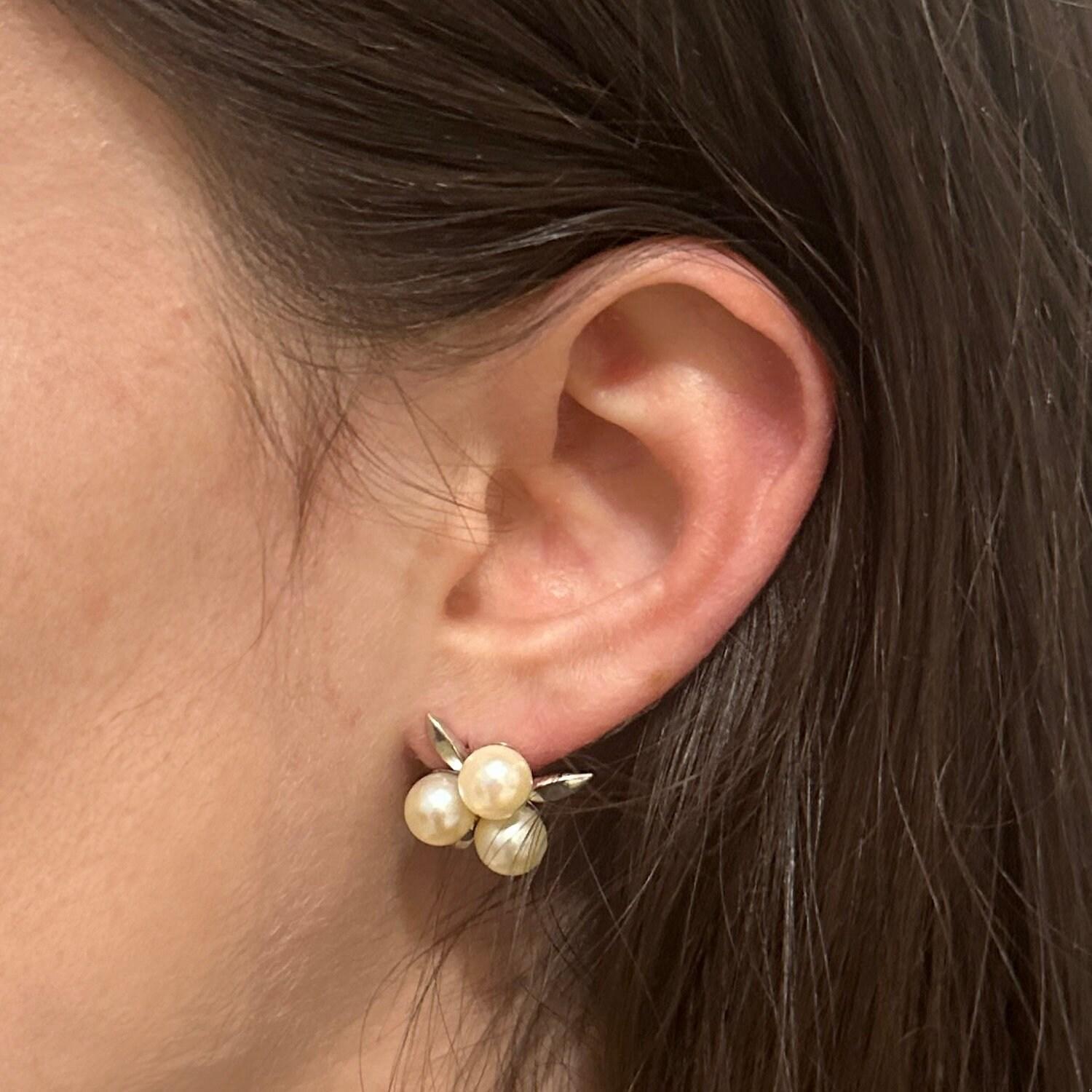 Vintage Freshwater Pearl Floral Stud Earrings 14K White Gold 0.45" Estate