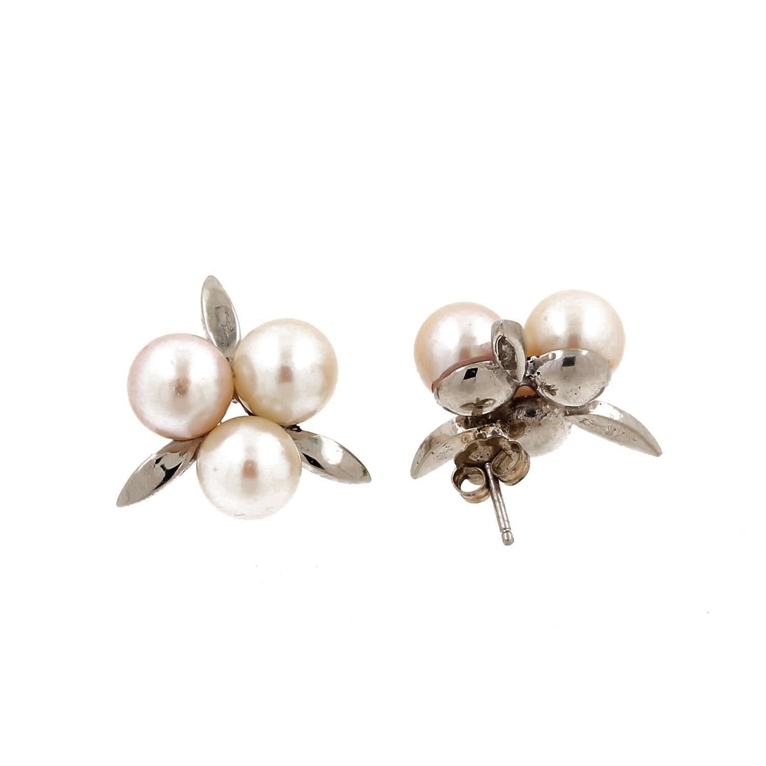 Vintage Freshwater Pearl Floral Stud Earrings 14K White Gold 0.45" Estate