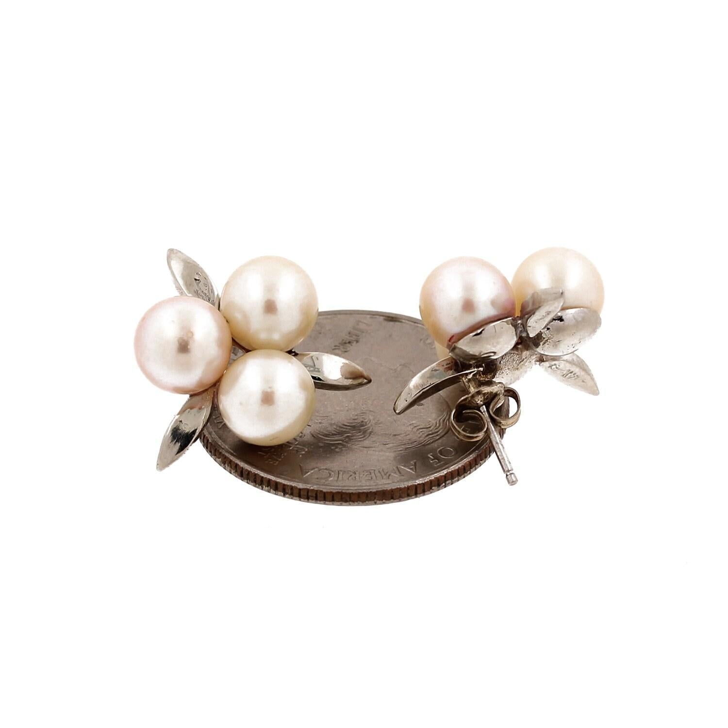 Vintage Freshwater Pearl Floral Stud Earrings 14K White Gold 0.45" Estate
