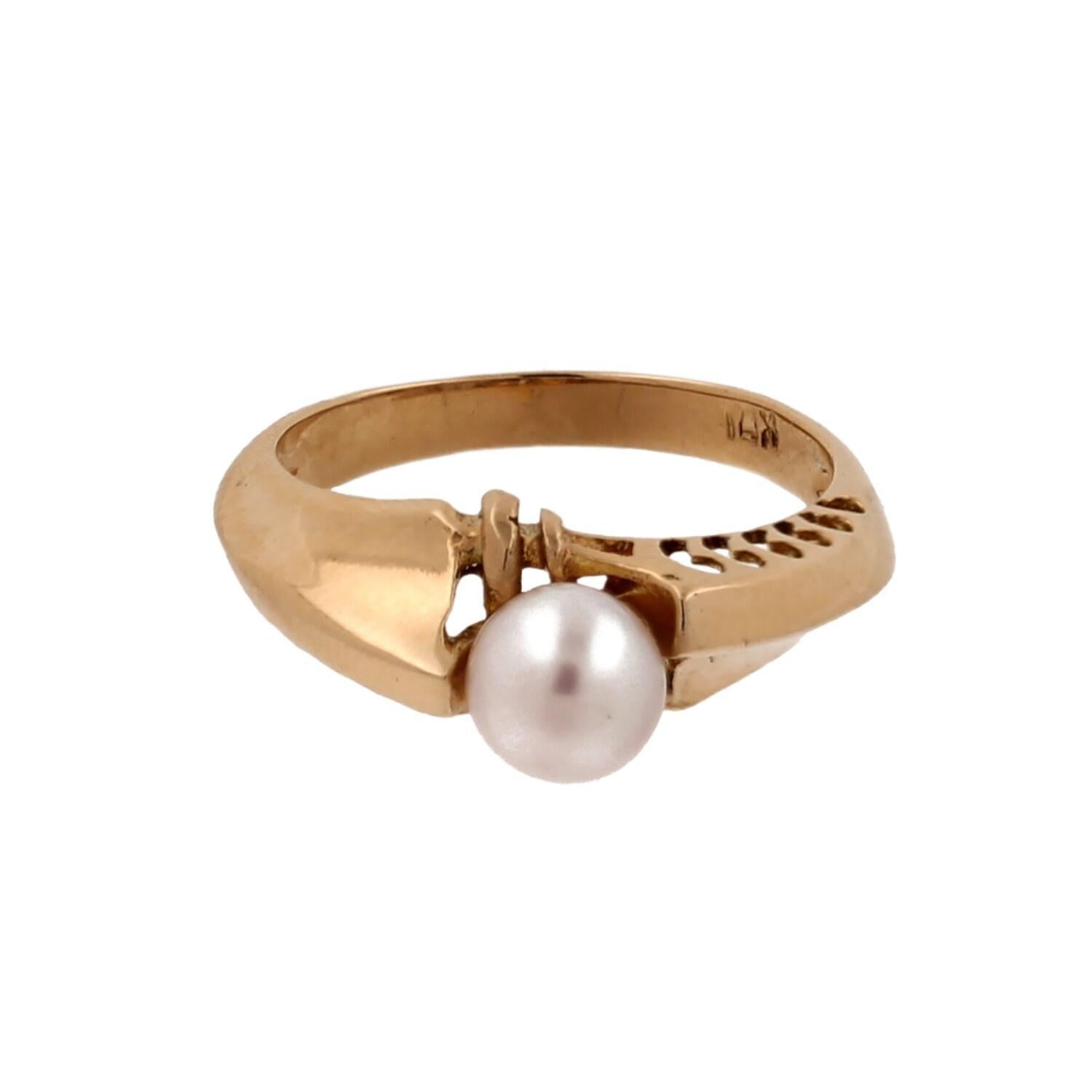 Vintage Freshwater Pearl Solitaire Ring 14K Yellow Gold Filigree Design SZ 6.75