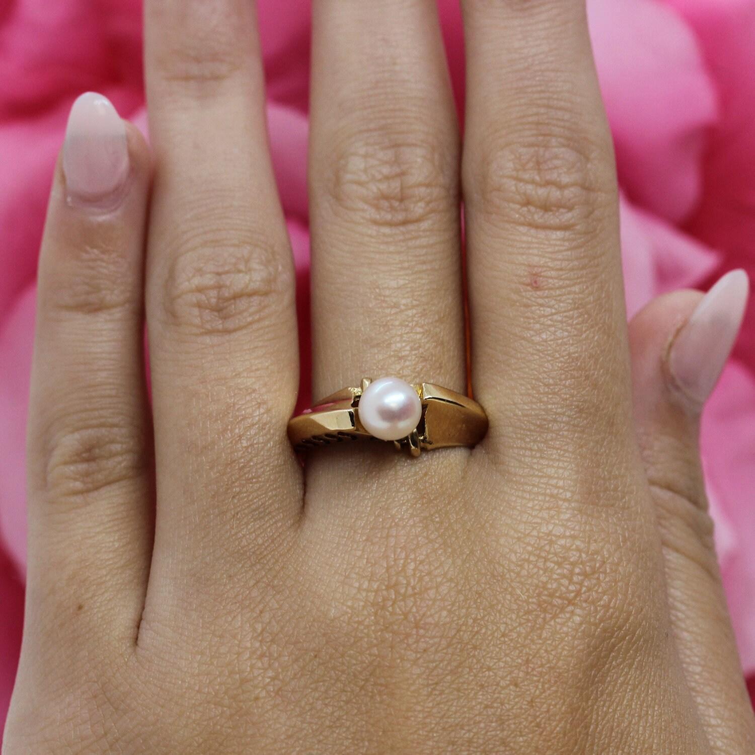 Vintage Freshwater Pearl Solitaire Ring 14K Yellow Gold Filigree Design SZ 6.75