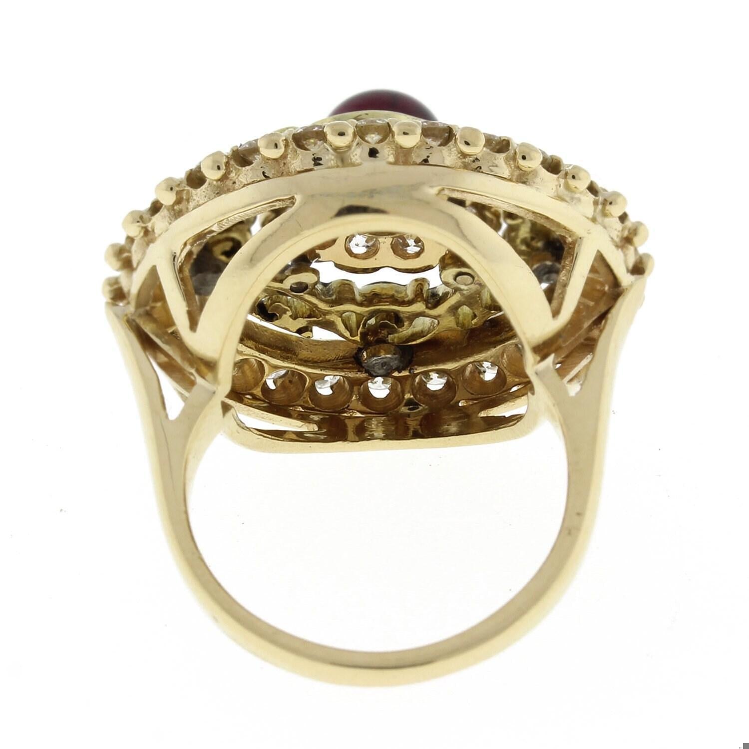 Vintage Garnet Diamond Statement Ring 14K Yellow Gold 2.40 CTW Cabochon Gem 5.25