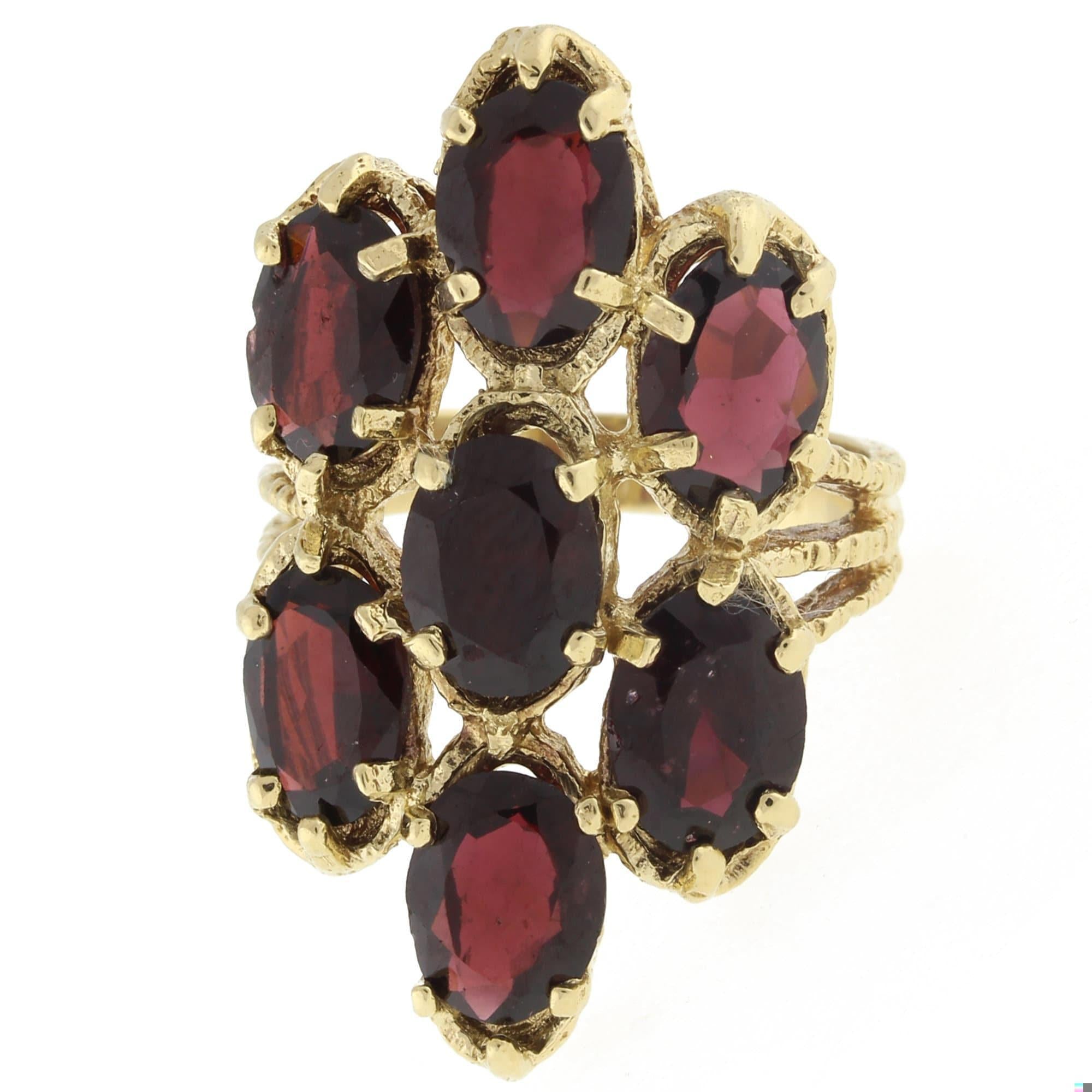 Garnet Full Finger Flower Ring Yellow Gold 9.80 CTW Oval Gems Size 7 Ladies
