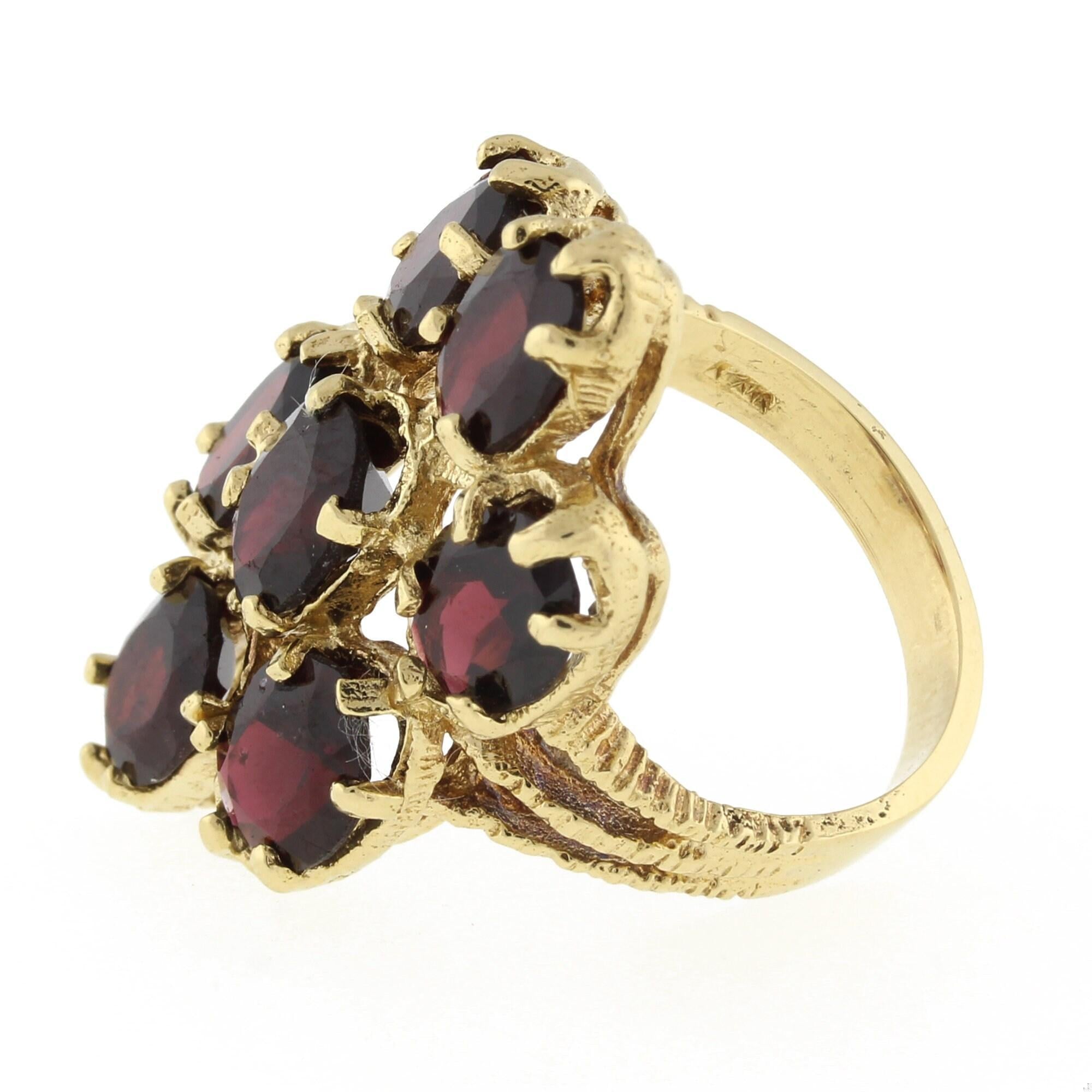Garnet Full Finger Flower Ring Yellow Gold 9.80 CTW Oval Gems Size 7 Ladies