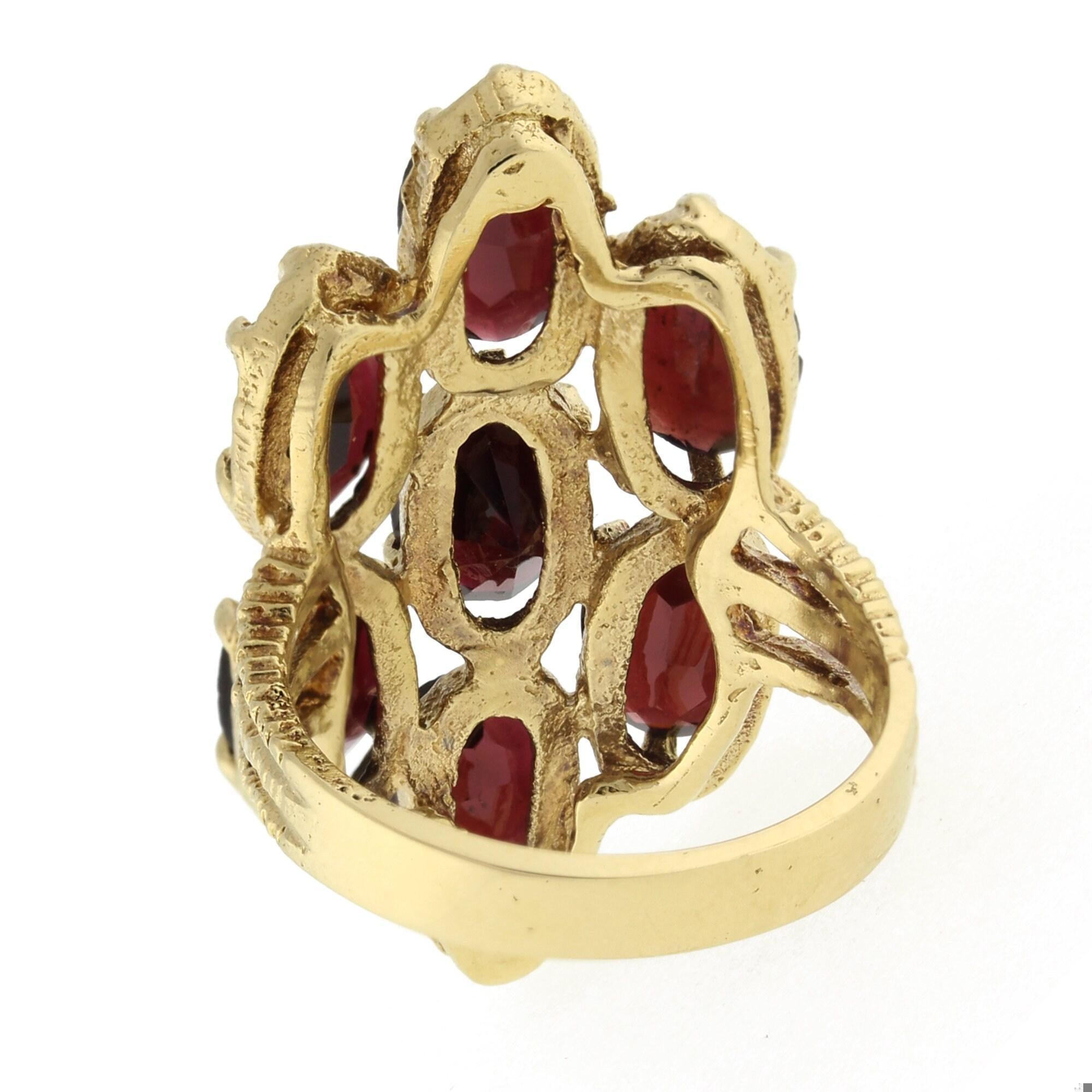 Garnet Full Finger Flower Ring Yellow Gold 9.80 CTW Oval Gems Size 7 Ladies