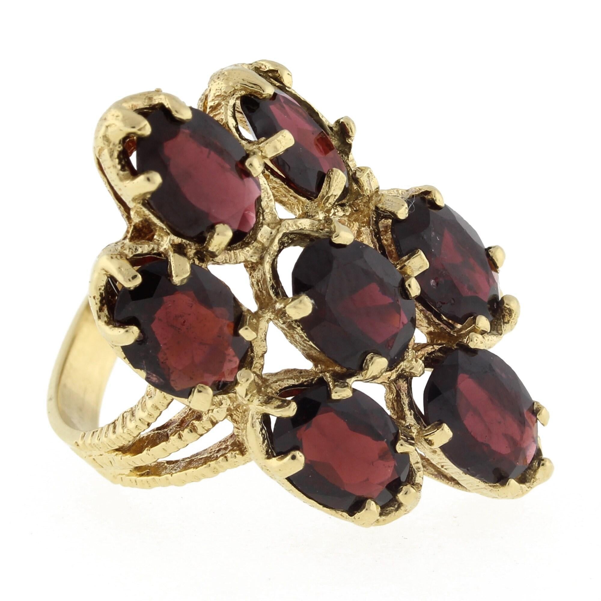 Garnet Full Finger Flower Ring Yellow Gold 9.80 CTW Oval Gems Size 7 Ladies
