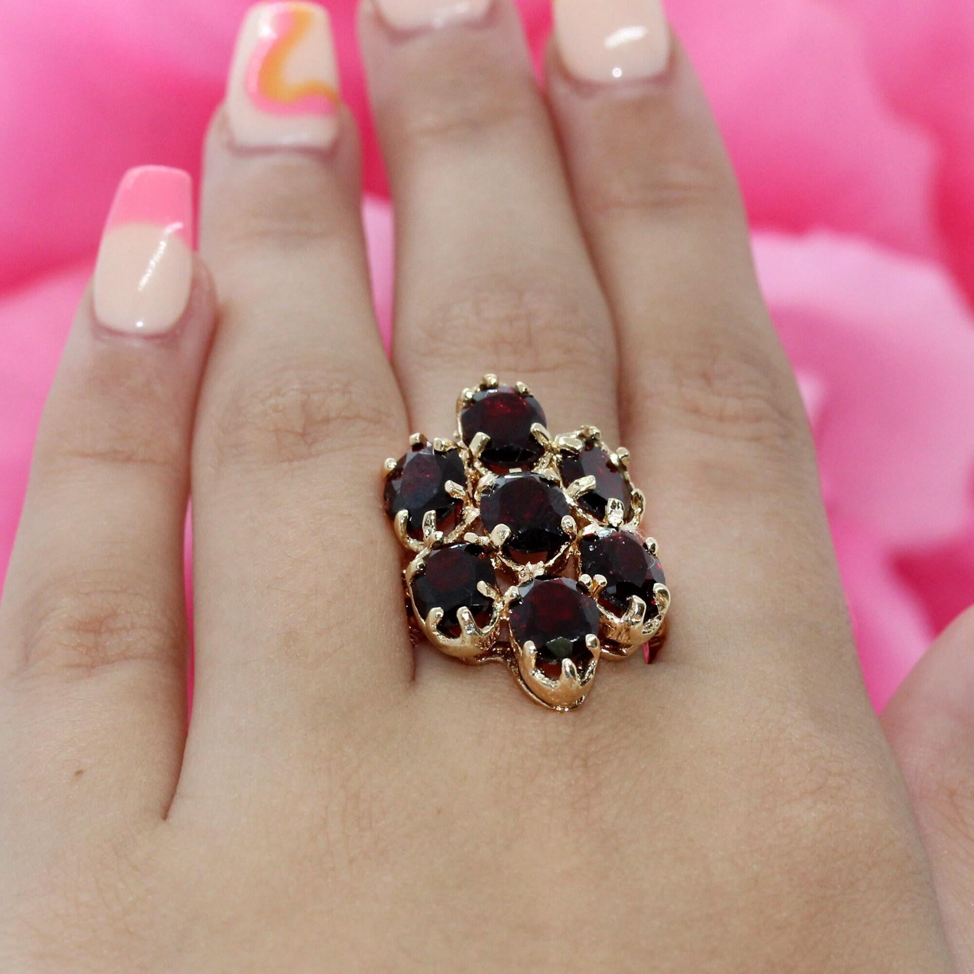 Garnet Full Finger Flower Ring Yellow Gold 9.80 CTW Oval Gems Size 7 Ladies