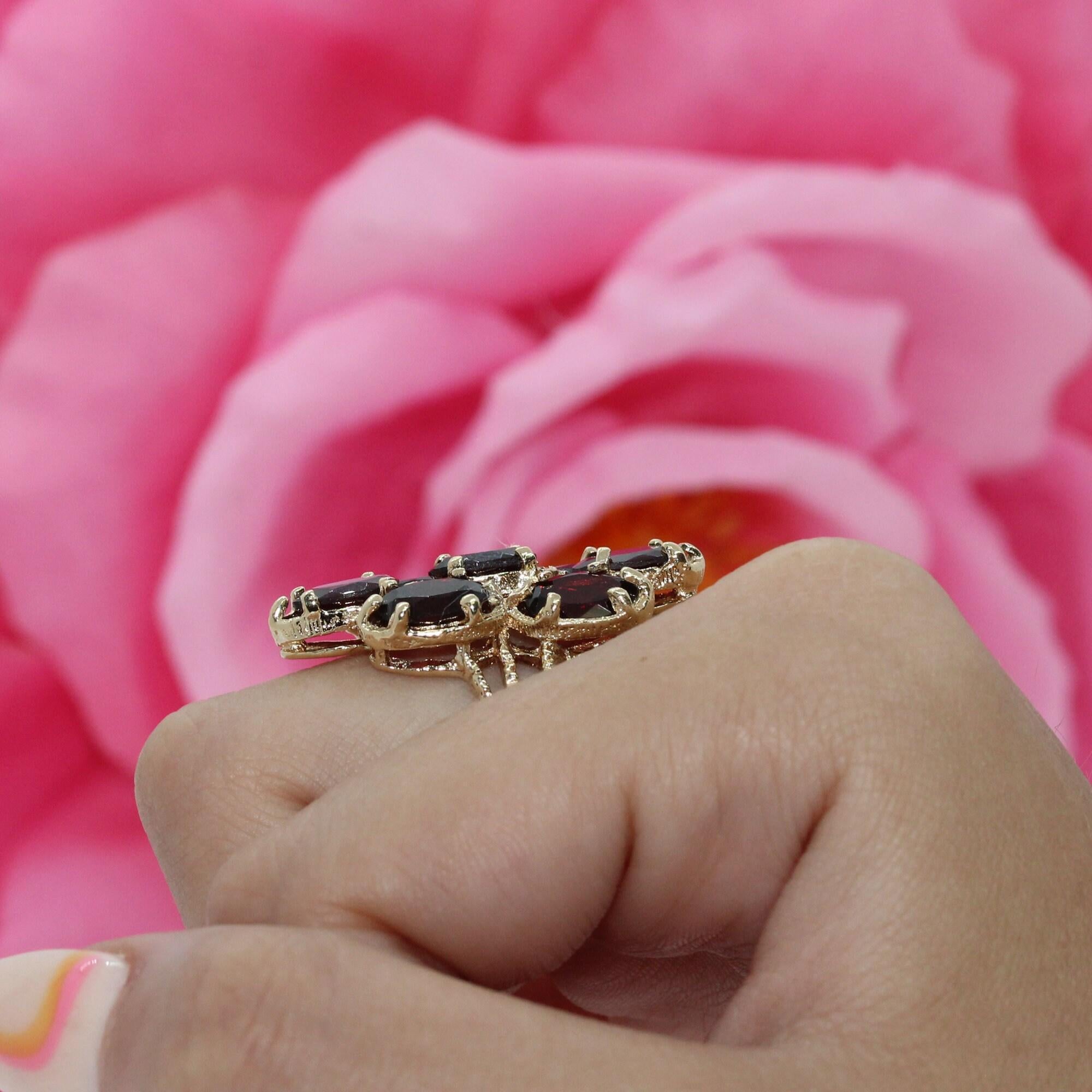 Garnet Full Finger Flower Ring Yellow Gold 9.80 CTW Oval Gems Size 7 Ladies