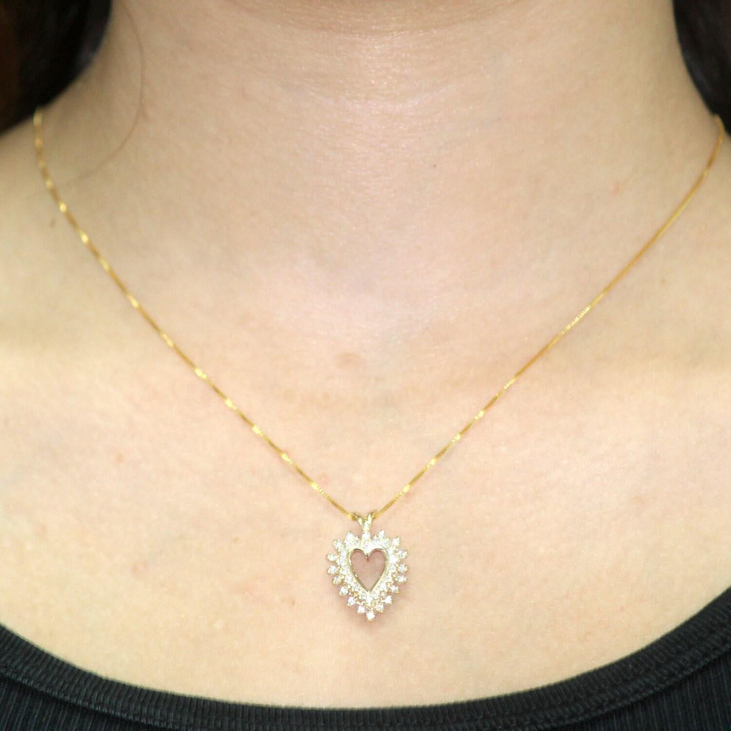 Double Halo Diamond Open Heart Pendant Charm 14K Yellow Gold 0.75 TW Ladies