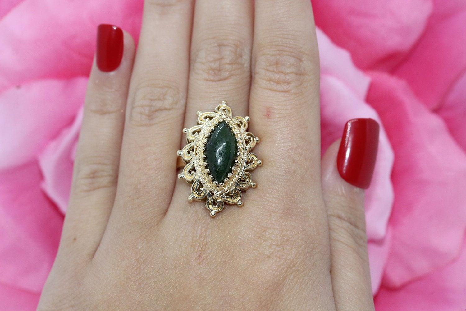 Nephrite Jade Solitaire Statement Ring Yellow Gold Size 5 Vintage Estate
