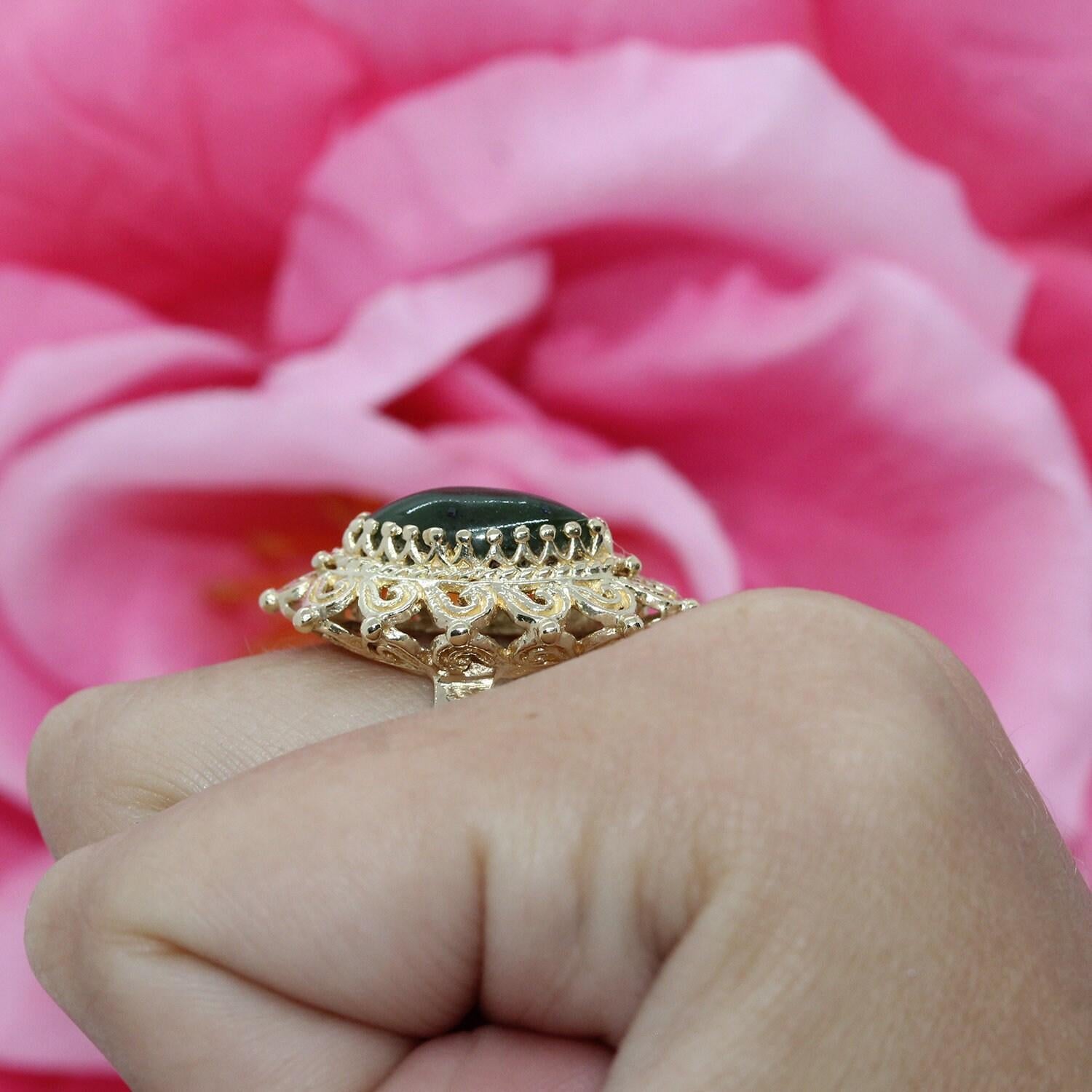 Nephrite Jade Solitaire Statement Ring Yellow Gold Size 5 Vintage Estate