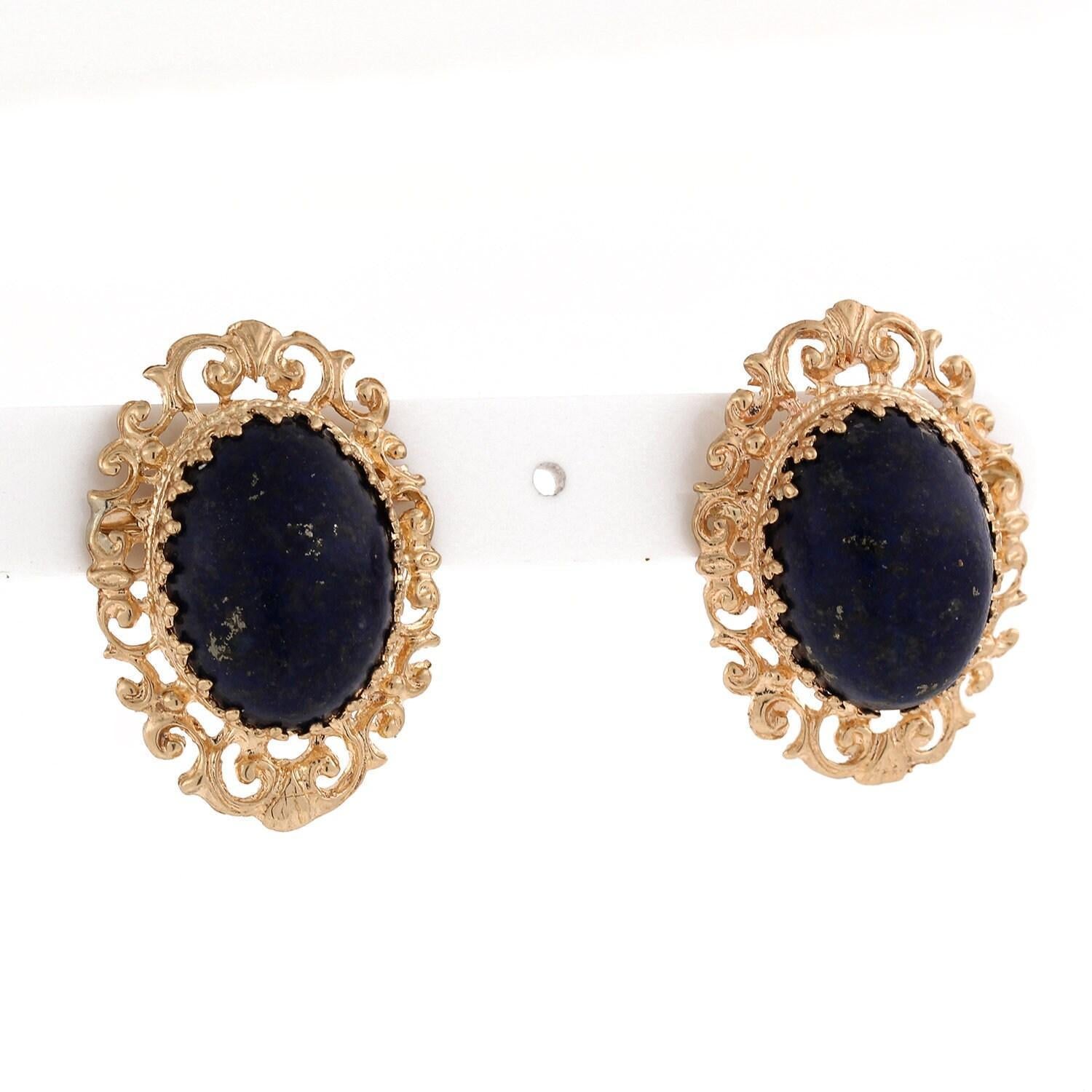 Lapis Lazuli Filigree Stud Drop Earrings Yellow Gold 1" Ladies Vintage Estate