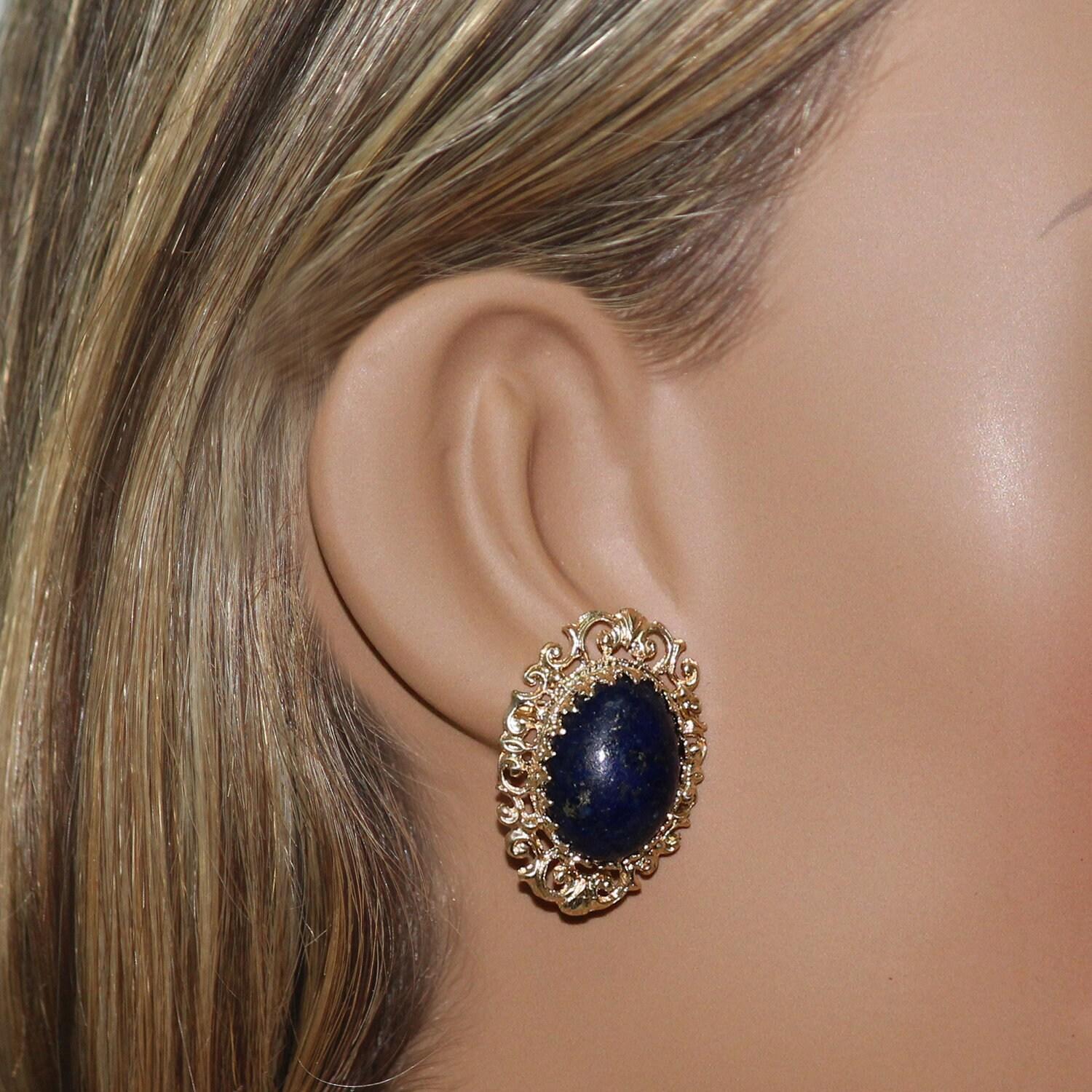 Lapis Lazuli Filigree Stud Drop Earrings Yellow Gold 1" Ladies Vintage Estate