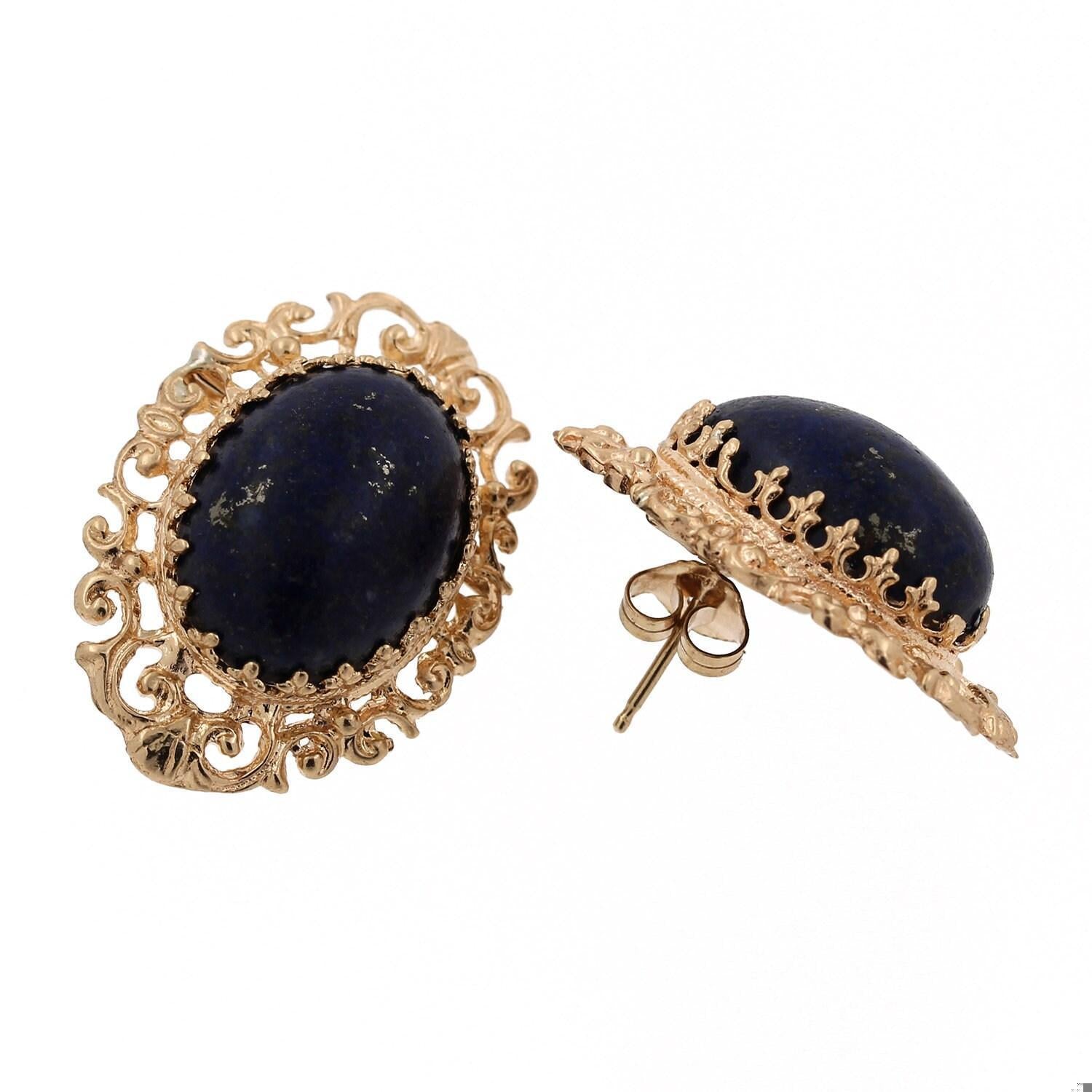 Lapis Lazuli Filigree Stud Drop Earrings Yellow Gold 1" Ladies Vintage Estate