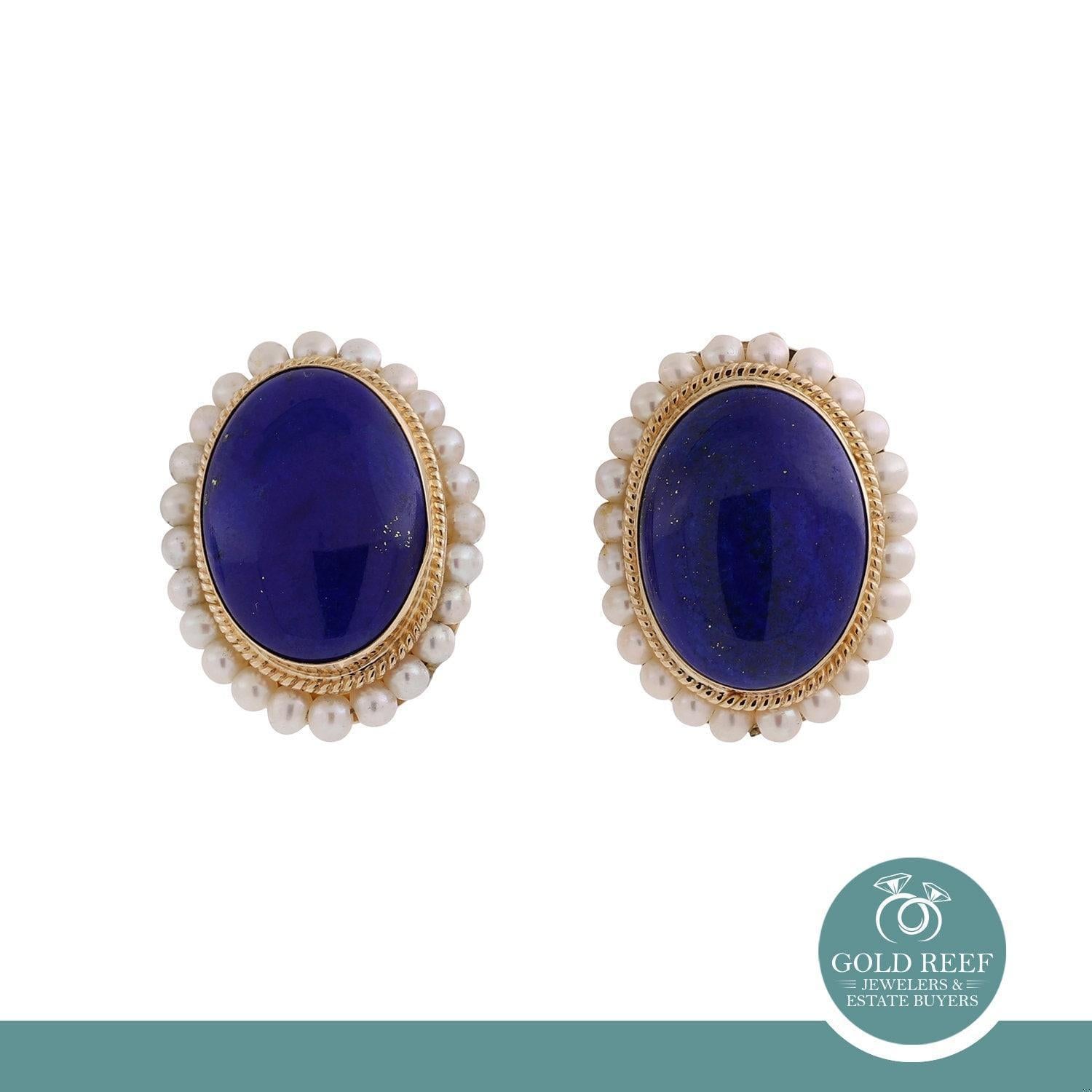 Lapis Lazuli Pearl Floral Earrings 18K Yellow Gold Omega Backs 0.80" Ladies