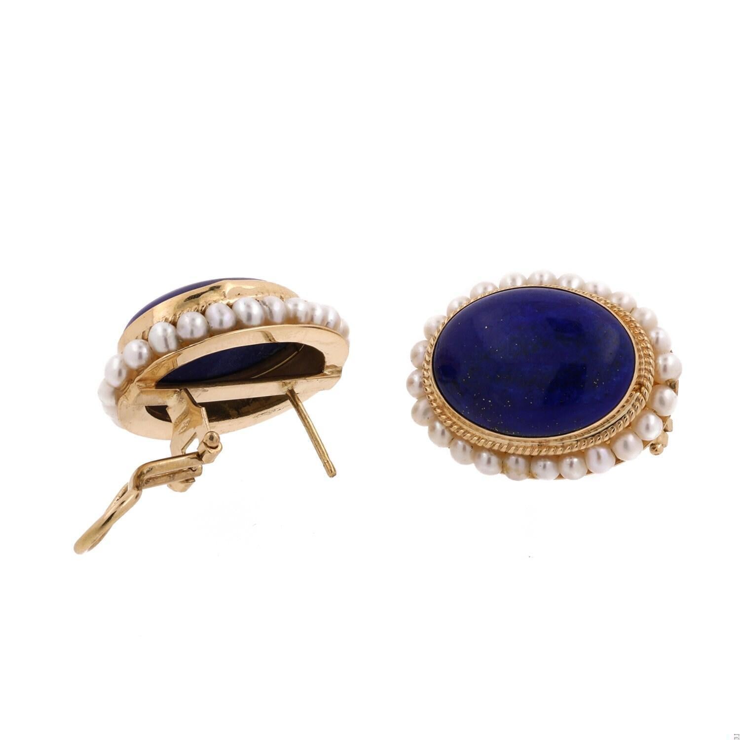 Lapis Lazuli Pearl Floral Earrings 18K Yellow Gold Omega Backs 0.80" Ladies