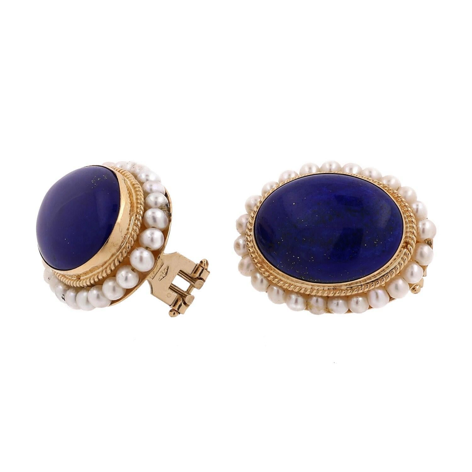 Lapis Lazuli Pearl Floral Earrings 18K Yellow Gold Omega Backs 0.80" Ladies