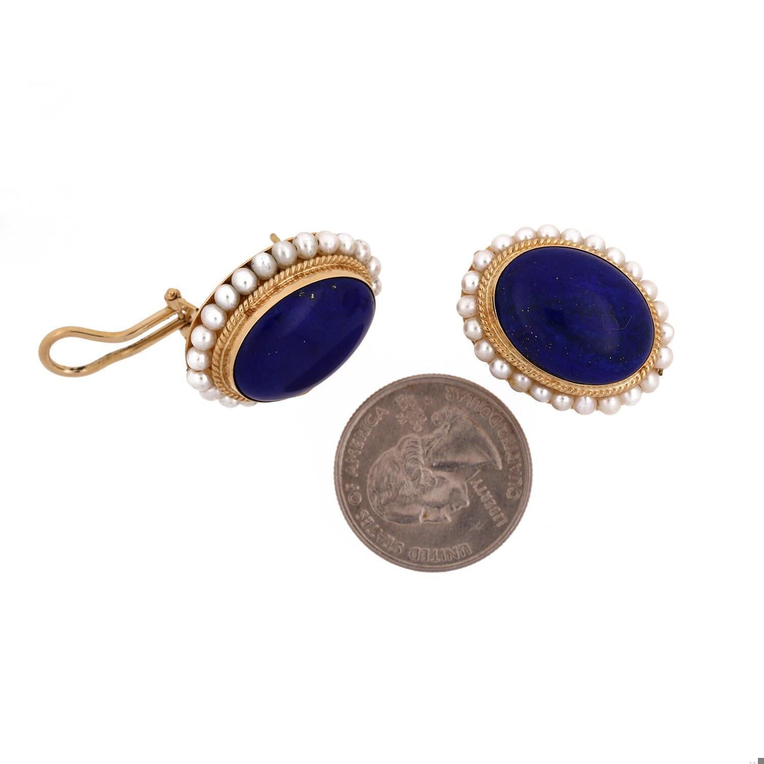 Lapis Lazuli Pearl Floral Earrings 18K Yellow Gold Omega Backs 0.80" Ladies