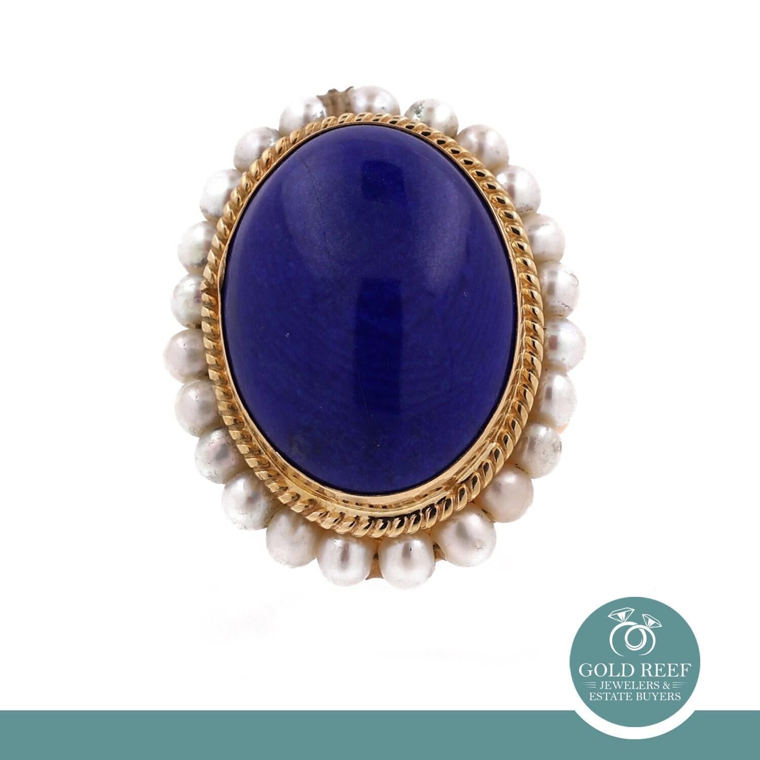 Lapis Lazuli Pearl Statement Ring 18K Yellow Gold Size 7.5 Ladies Estate