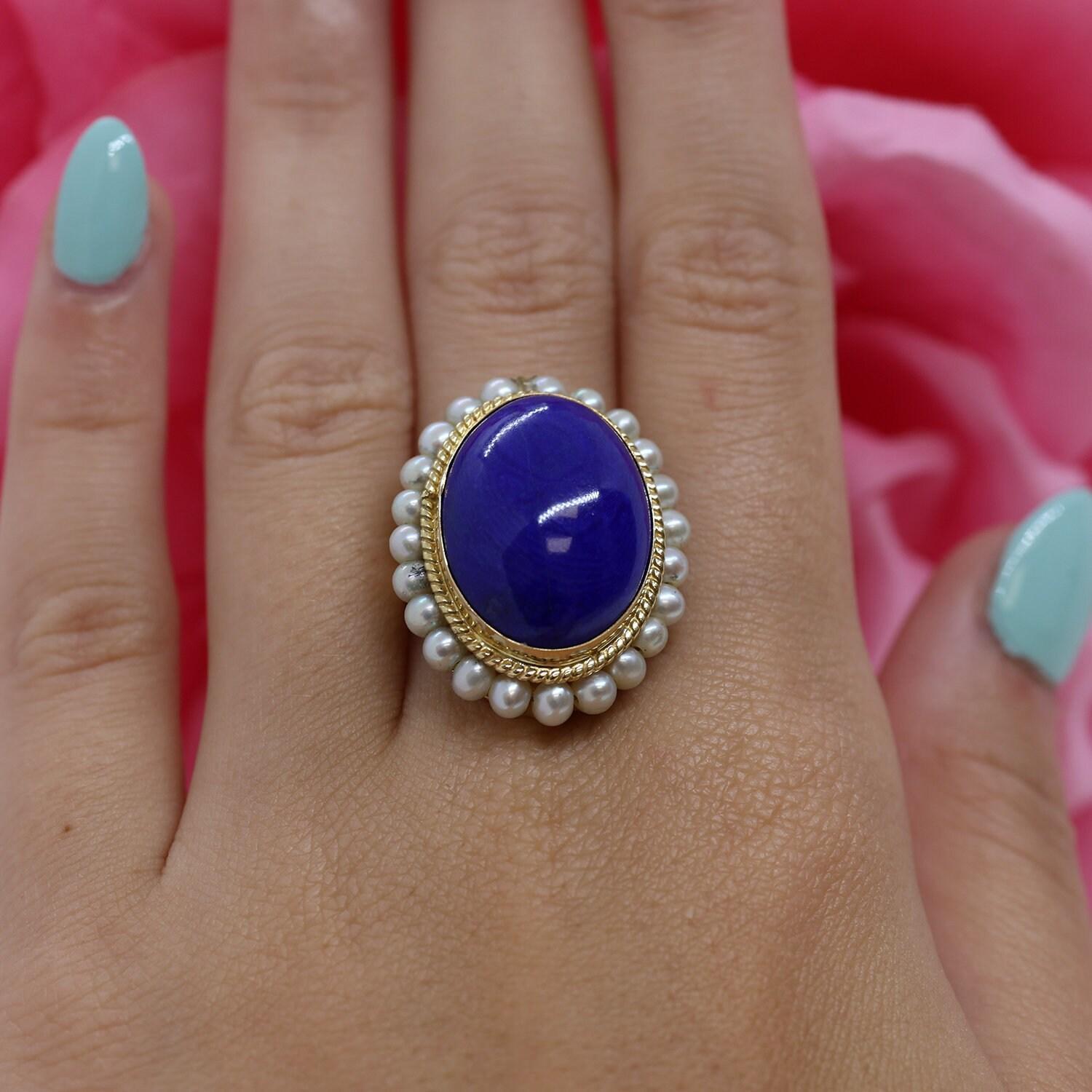 Lapis Lazuli Pearl Statement Ring 18K Yellow Gold Size 7.5 Ladies Estate