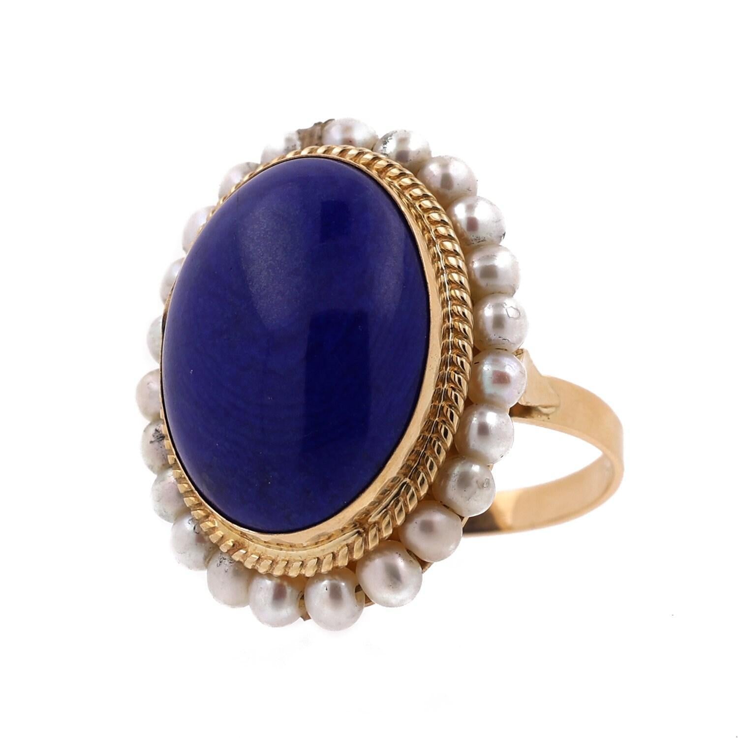 Lapis Lazuli Pearl Statement Ring 18K Yellow Gold Size 7.5 Ladies Estate