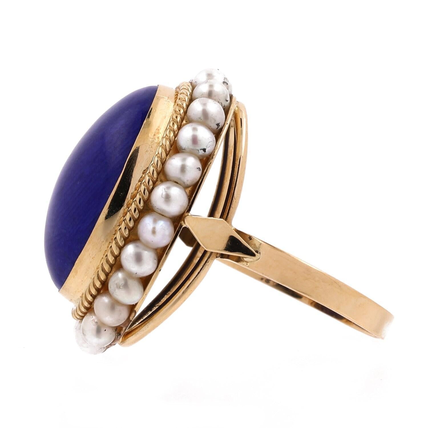 Lapis Lazuli Pearl Statement Ring 18K Yellow Gold Size 7.5 Ladies Estate