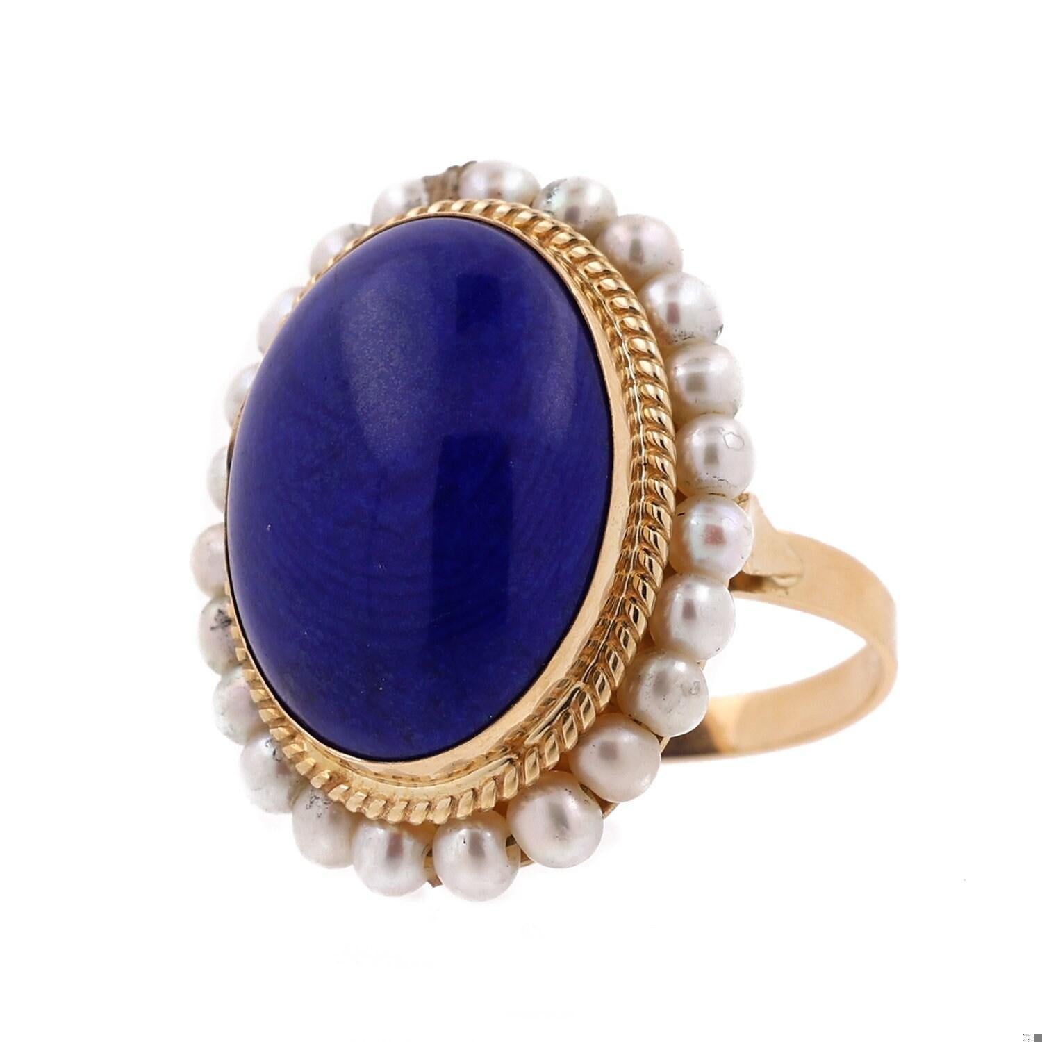 Lapis Lazuli Pearl Statement Ring 18K Yellow Gold Size 7.5 Ladies Estate