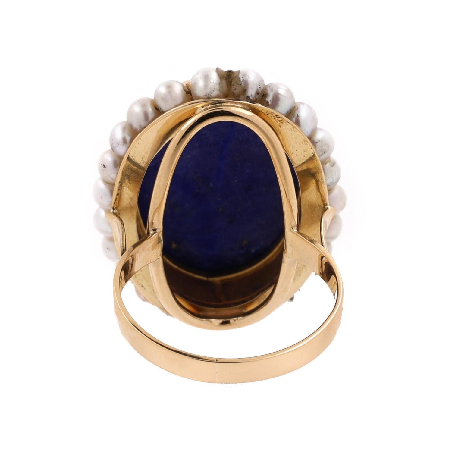 Lapis Lazuli Pearl Statement Ring 18K Yellow Gold Size 7.5 Ladies Estate