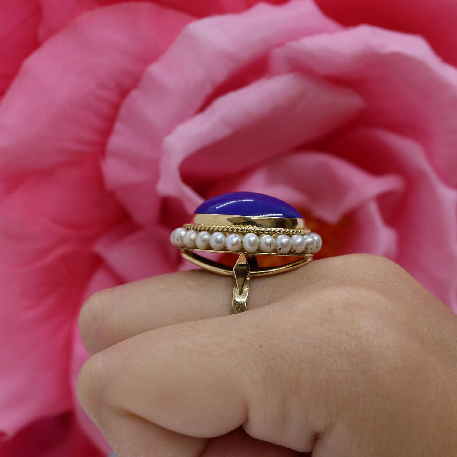 Lapis Lazuli Pearl Statement Ring 18K Yellow Gold Size 7.5 Ladies Estate