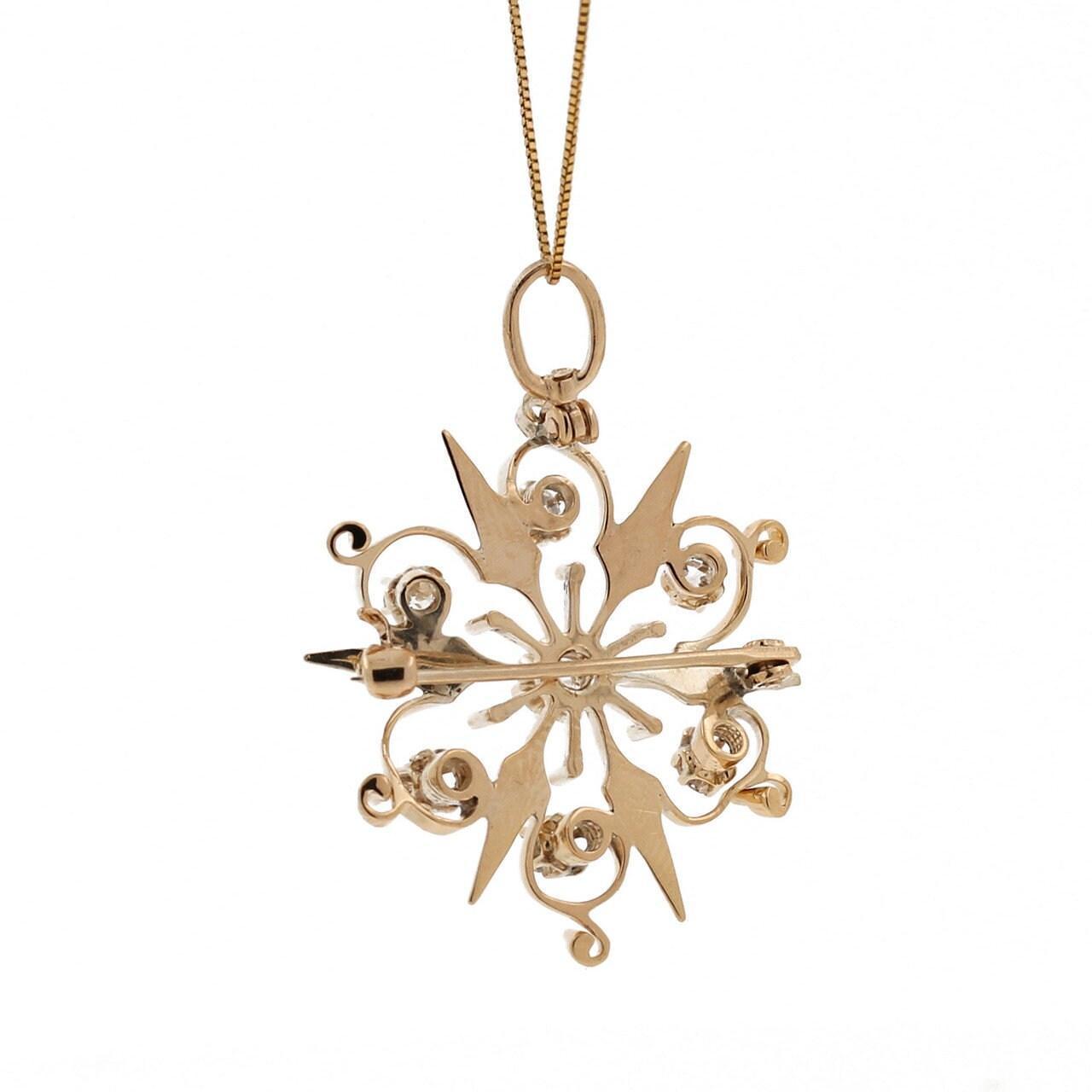 Old European Cut Diamond Filigree Starburst Pendant Brooch Pin 14K Yellow Gold