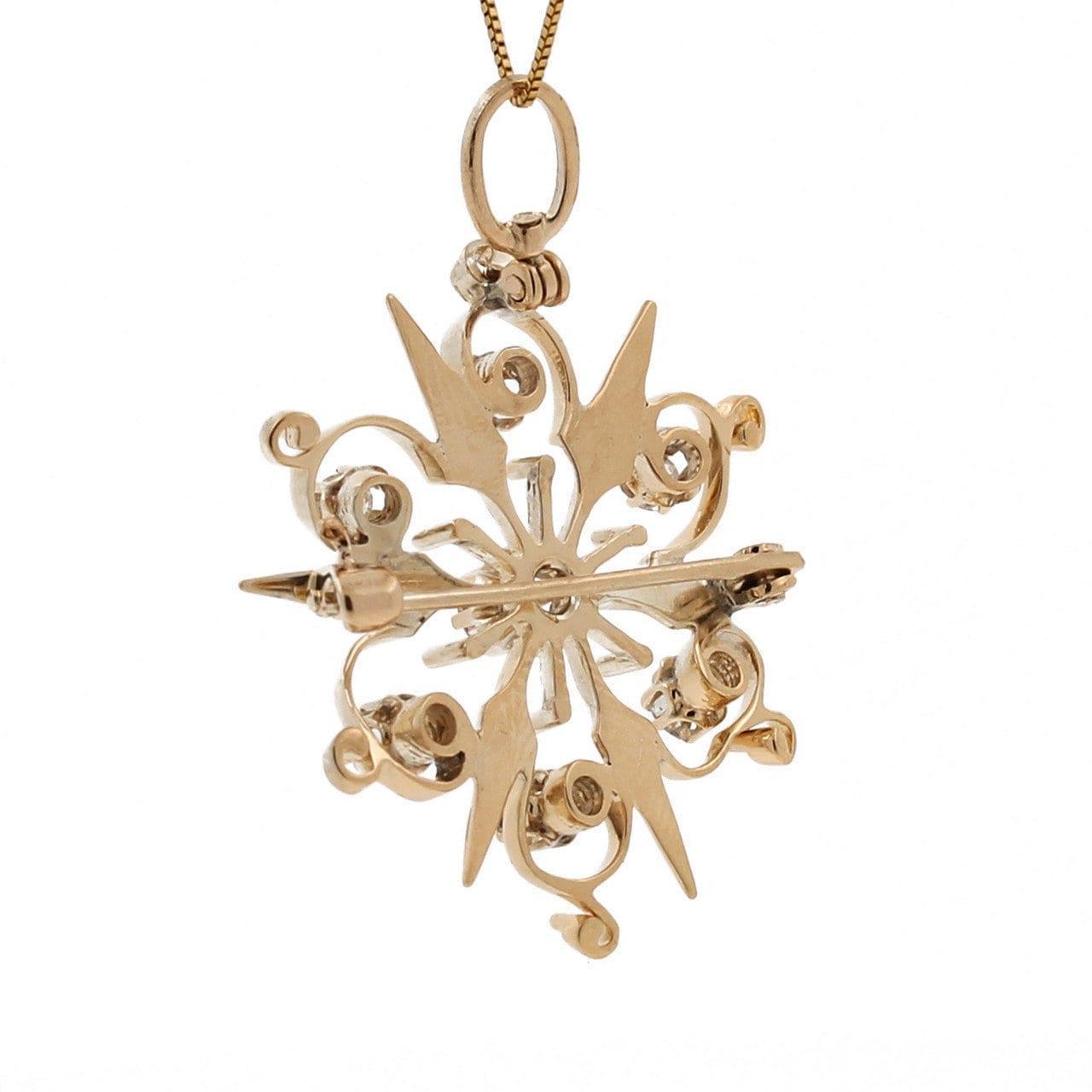 Old European Cut Diamond Filigree Starburst Pendant Brooch Pin 14K Yellow Gold